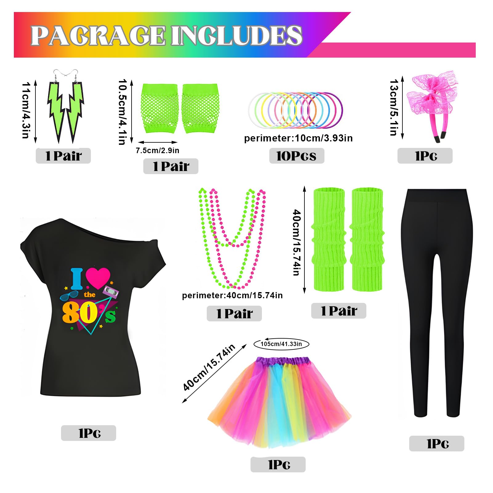 80s Fancy Dress for Women 1980s Costumes, 80s Print T-shirt, Tutu Skirt, Leg Warmers, Necklace, Fishnet Gloves, Earrings - Image 3