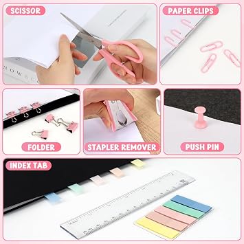 12-in-1 Stationary Set, Pink Desk Accessory with Stapler & Staples Set, Pen Pot, Tape Dispenser, Scissors, Ruler, Color Tabs for Women, Practical Office Supply for Teachers, Students