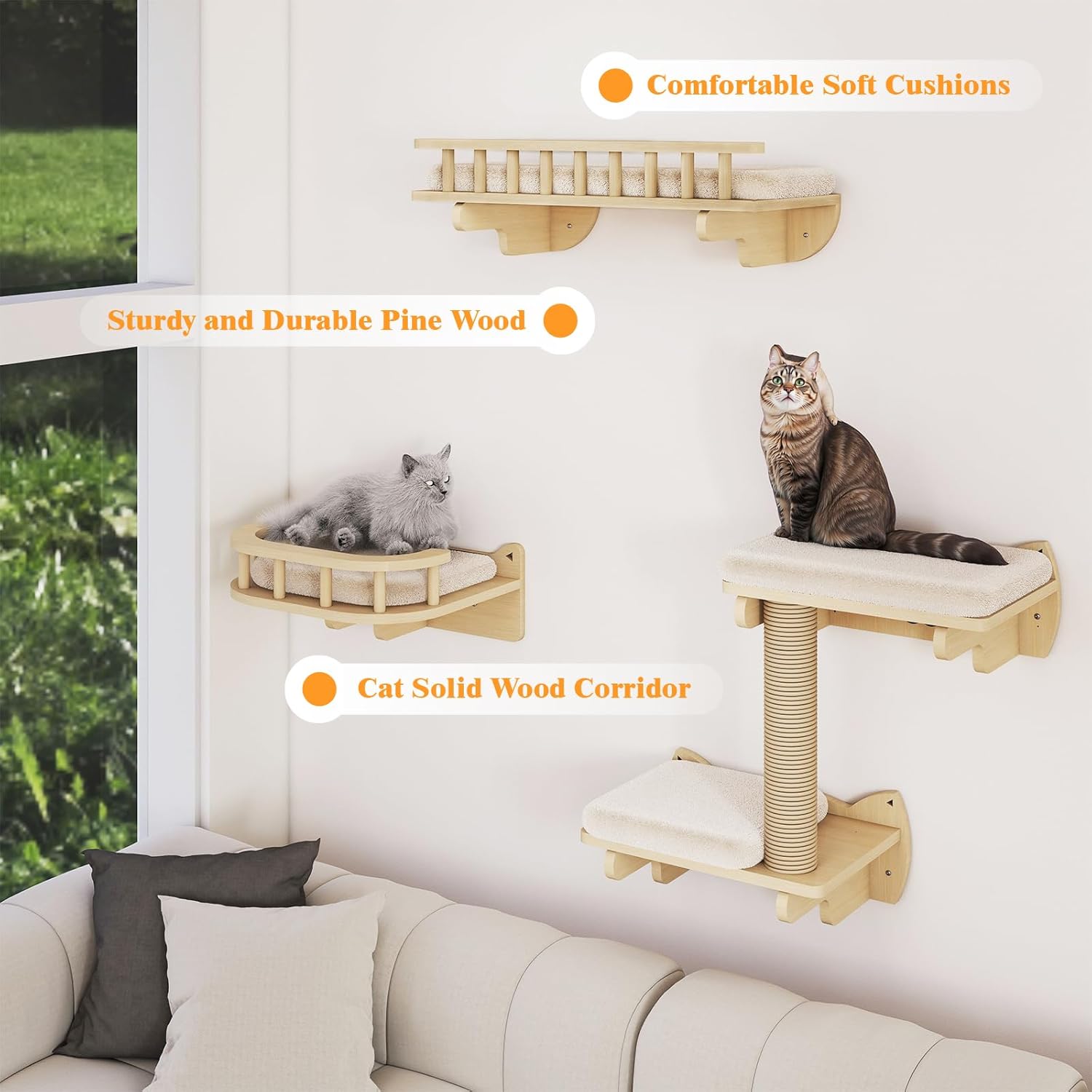 BYBYME 8 Pcs Cat Wall Climbing Set, Wood Cat Furniture with Scratching Posts, Kitten Perch, 100CM Sisal Rope & Cat Bed, Wall Mounted Cat Shelves for Sleeping, Playing & Relaxing（Natural Wood）