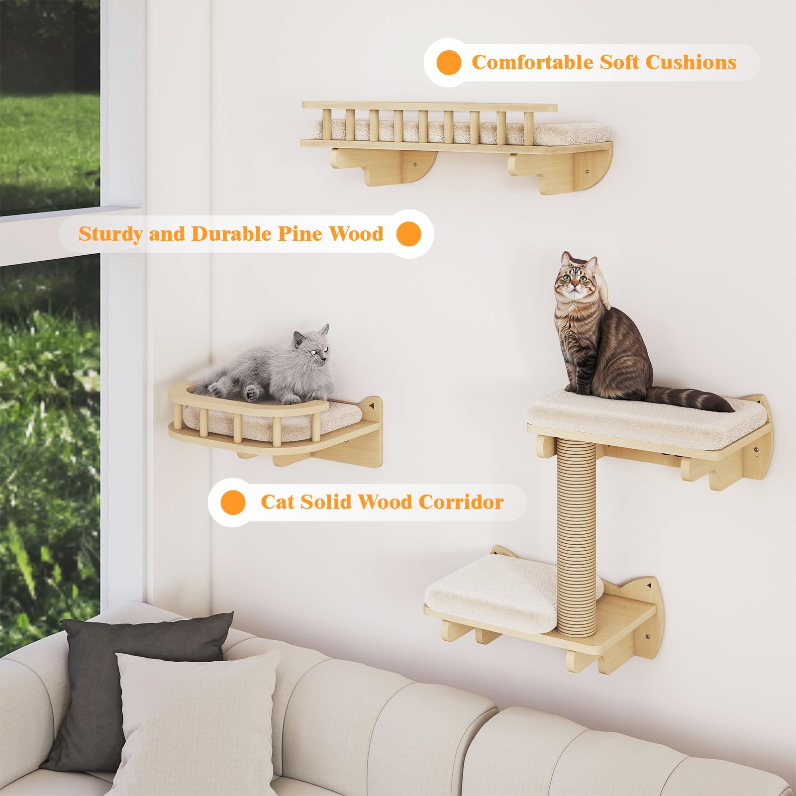BYBYME Ensemble Mural d'escalade pour Chat en Bois Naturel, 8 pièces Robustes avec griffoirs, Plate-Forme pour Chaton, Corde en sisal de 100 cm et lit pour Dormir, Jouer et se détendre (Bois Naturel