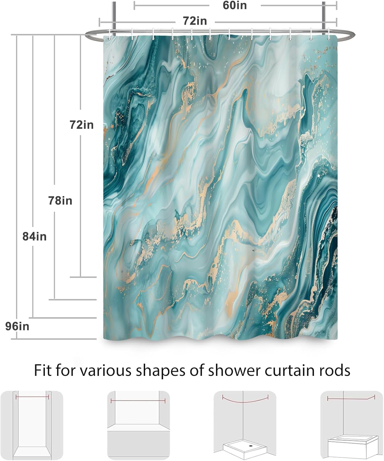 Renaiss 72x84 Inches Teal Marble Shower Curtain Abstract Watercolor Teal Golden Lines Texture Modern Luxury Ink Aesthetic Fabric Shower Curtain Sets for Bathroom Decor Waterproof with Hooks