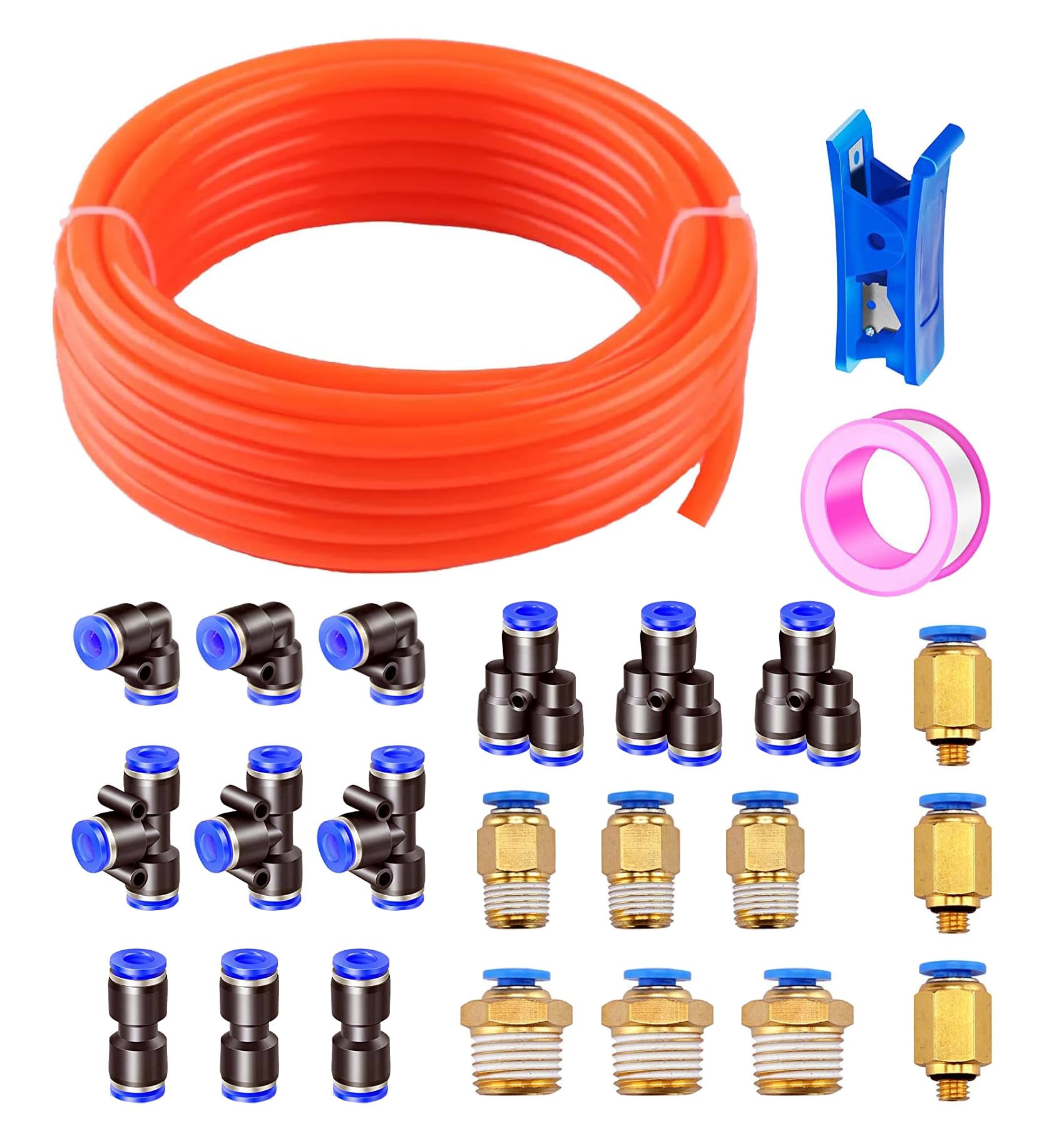 Tubo pneumatico HUAZIZ PU da 20m, tubo pneumatico in poliuretano arancione,tubo flessibile per aria compressa,con 21connettori pneumatici, attacchi rapidi ad aria compressa, esterno 8mm x interno 5mm