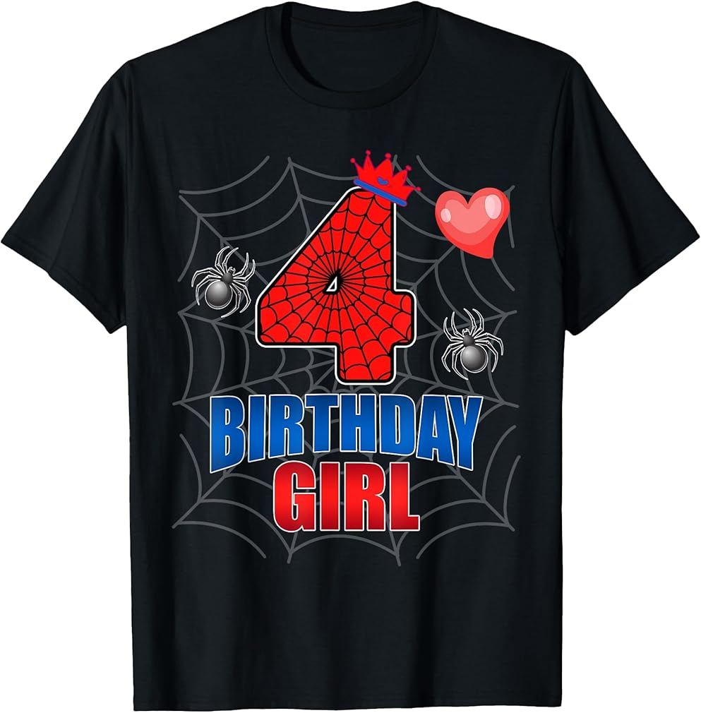 Kids Spider Web Four 4 Years Old It's My 4th Birthday Girl T-Shirt