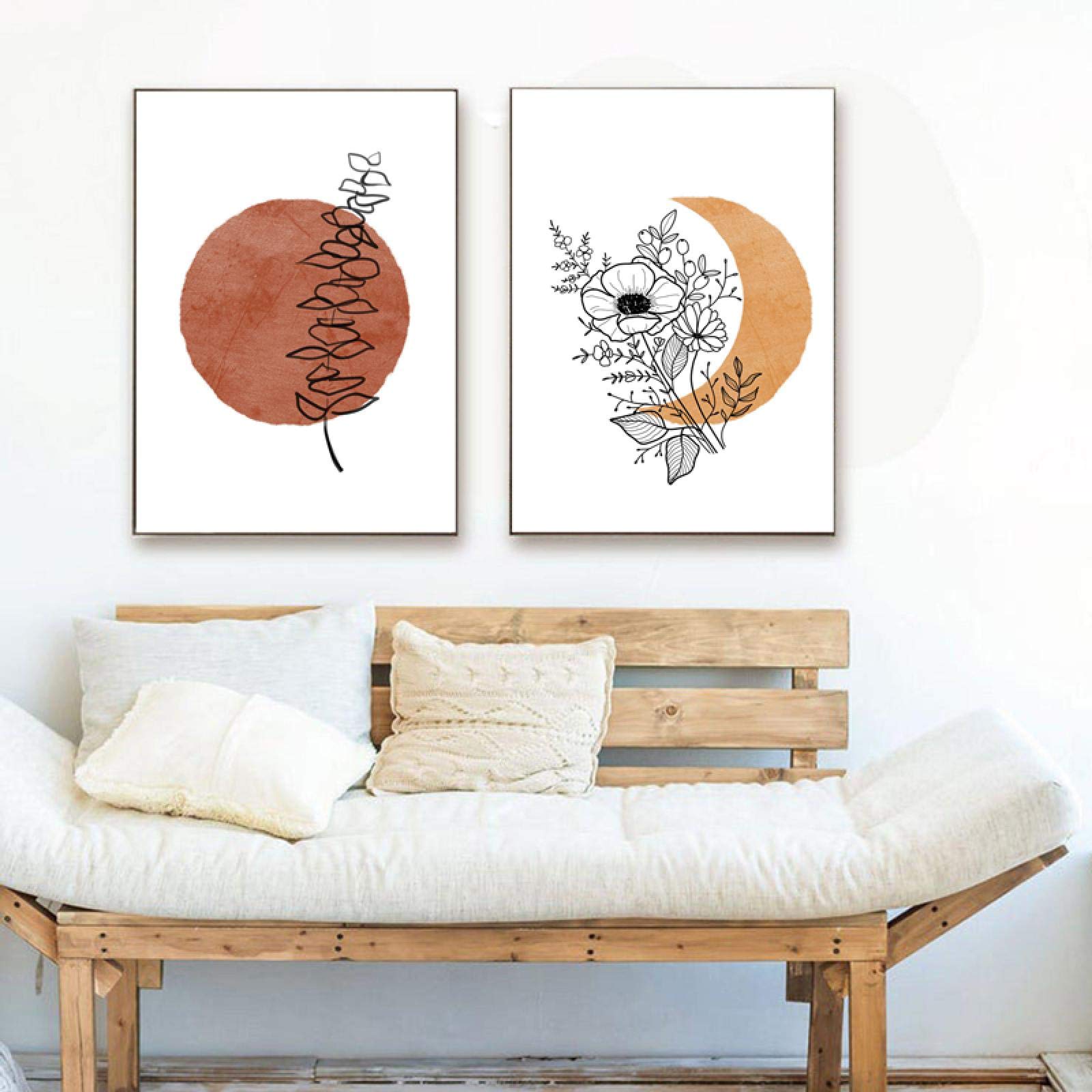 Abstracto Terracota Sol Luna Boho Lienzo Pintura Carteles Impresión Flor Plantas Línea Arte de la pared Imágenes Decoración de la habitación 70x90cm (28x35in) x2 Marco interno