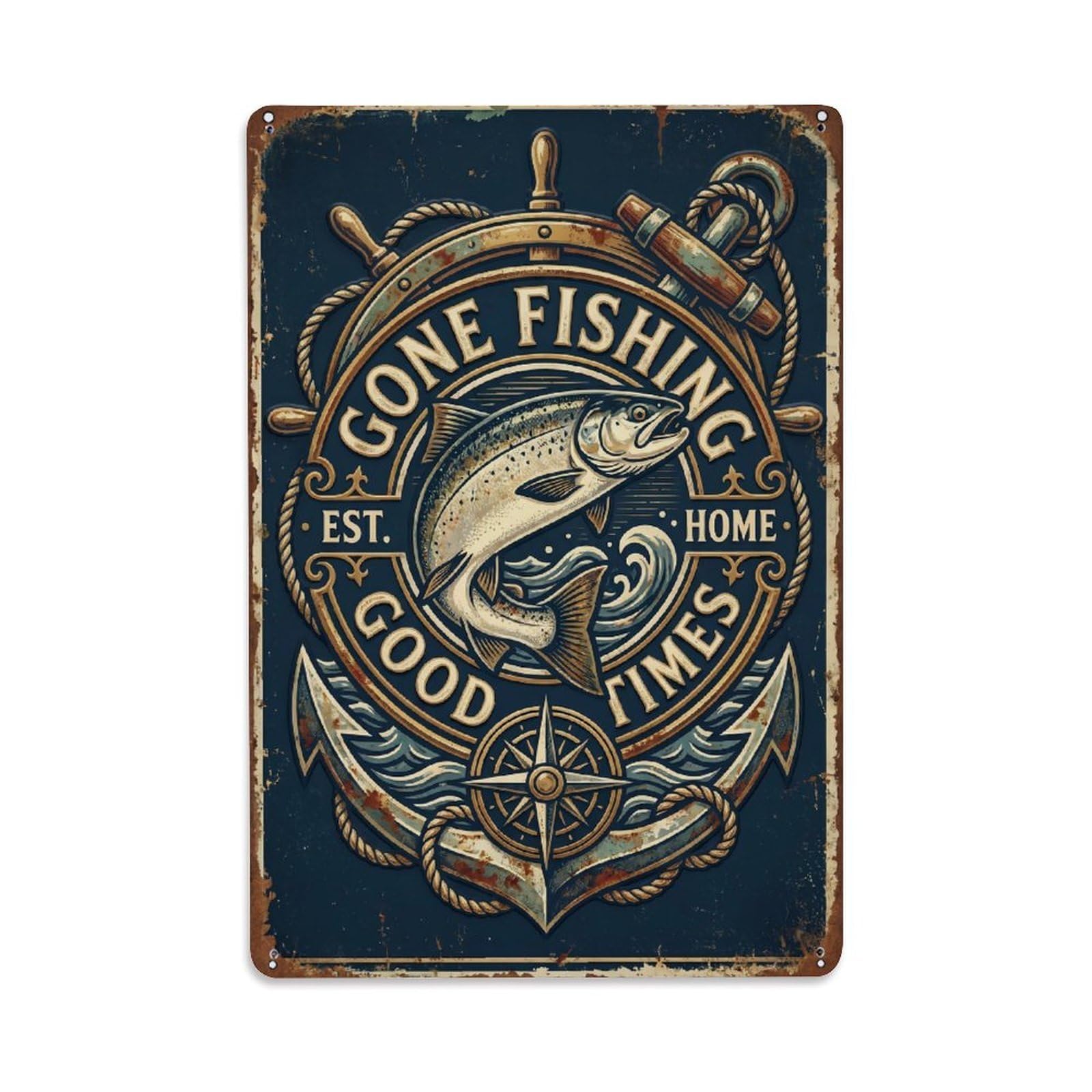Gone Fishing Nautical Heritage Vintage Metal Tin Sign Plaque Wall Decor for Cafe, Club, Garden Metal Poster 8x12Inch