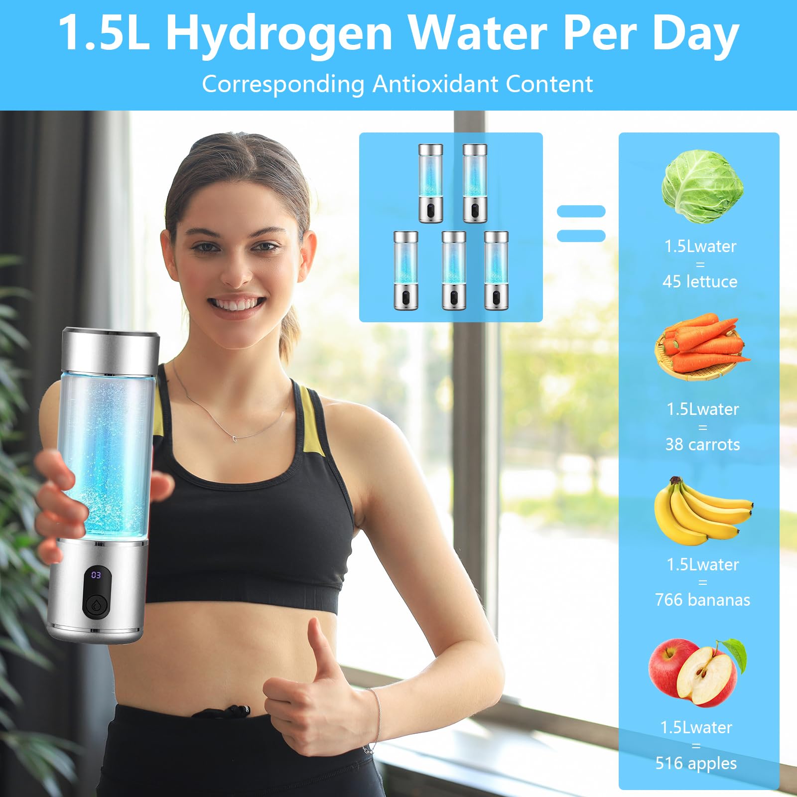 Bottiglia D'acqua Idrogenata, 9000PPB Generatore di Idrogenata con Tecnologia SPE e PEM, 300ml Portatile Bottiglia d'acqua Idrogeno, Ricco di Idrogeno Acqua Ioni Generatore