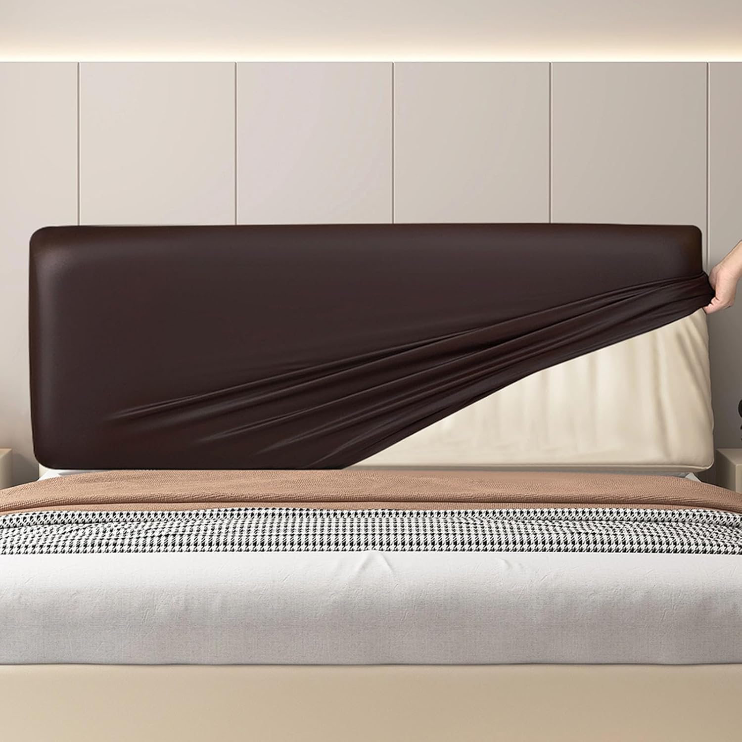 vctops 100% Waterproof PU Leather Stretch Bed Headboard Cover Wipeable Headboard Slipcover Dustproof Bed Head Cover for Bedroom (Dark Coffee,70-78 Inch)