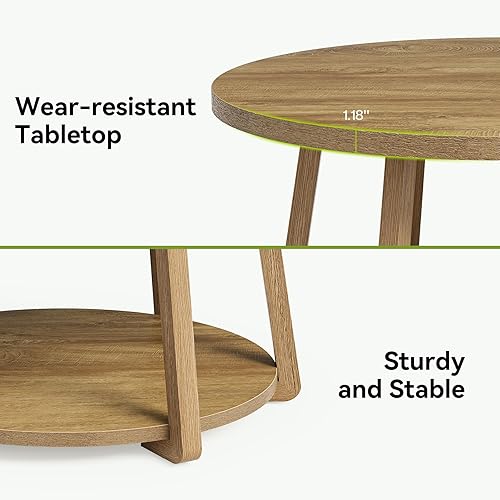 Miniatura 3 de LITTLE TREE Mesa auxiliar redonda, mesa central de 2 niveles con almacenamiento, patas de madera, 31.5 pulgadas de diámetro x 19.6 pulgadas de alto,
