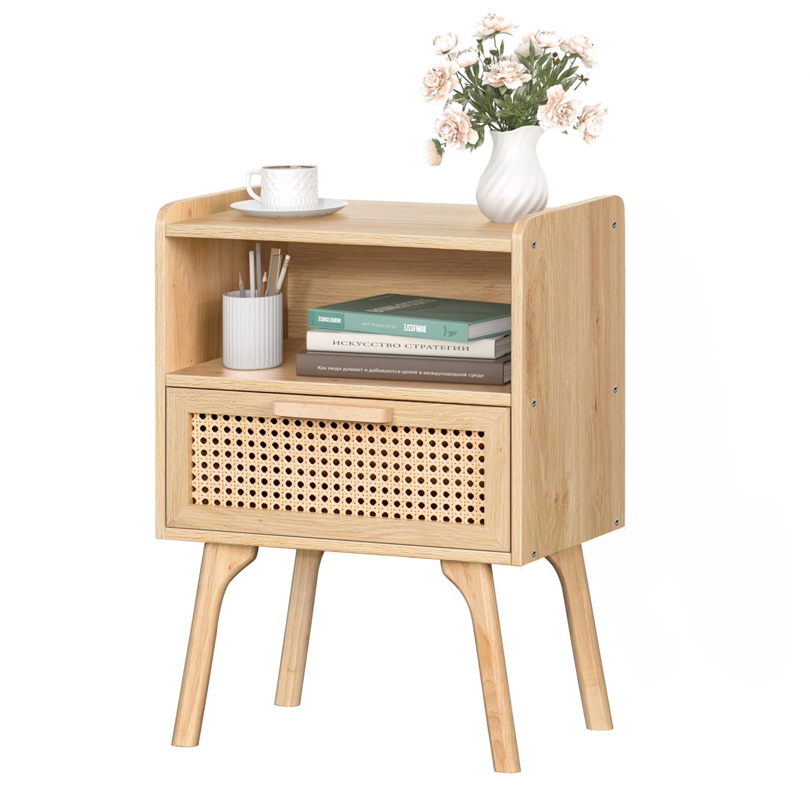 LELELINKY Rattan Nachttisch, Boho Beistelltisch aus Holz | Beine aus Massivholz, Schublade mit Rattan-Geflecht & offenes Regal, Kompakter Nachttisch für Schlafzimmer und Wohnzimmer