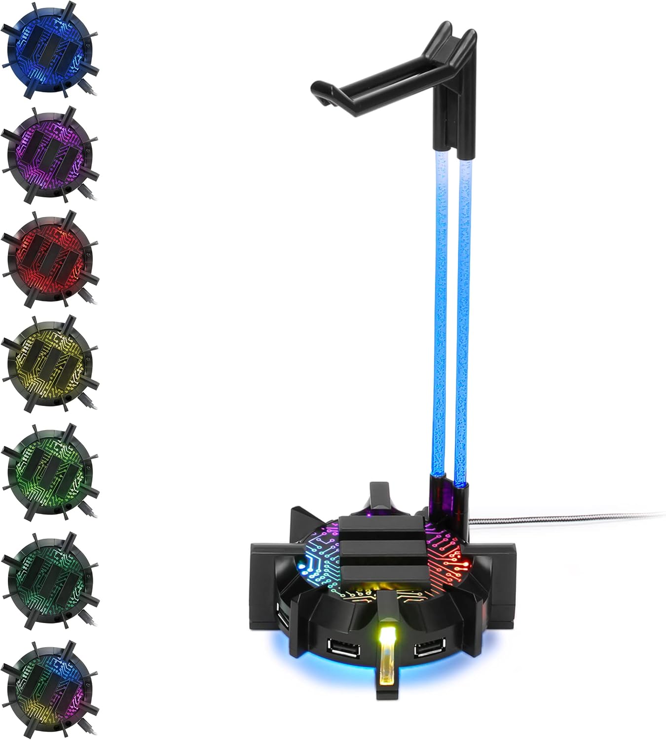ENHANCE Gaming Headphone Stand Headset Holder with 4 Port USB Hub, Customizable LED Lighting, Flexible Acrylic Neck - Universal Hanger with Weighted Base for Wired or Wireless Headsets - PS4, Xbox, PC