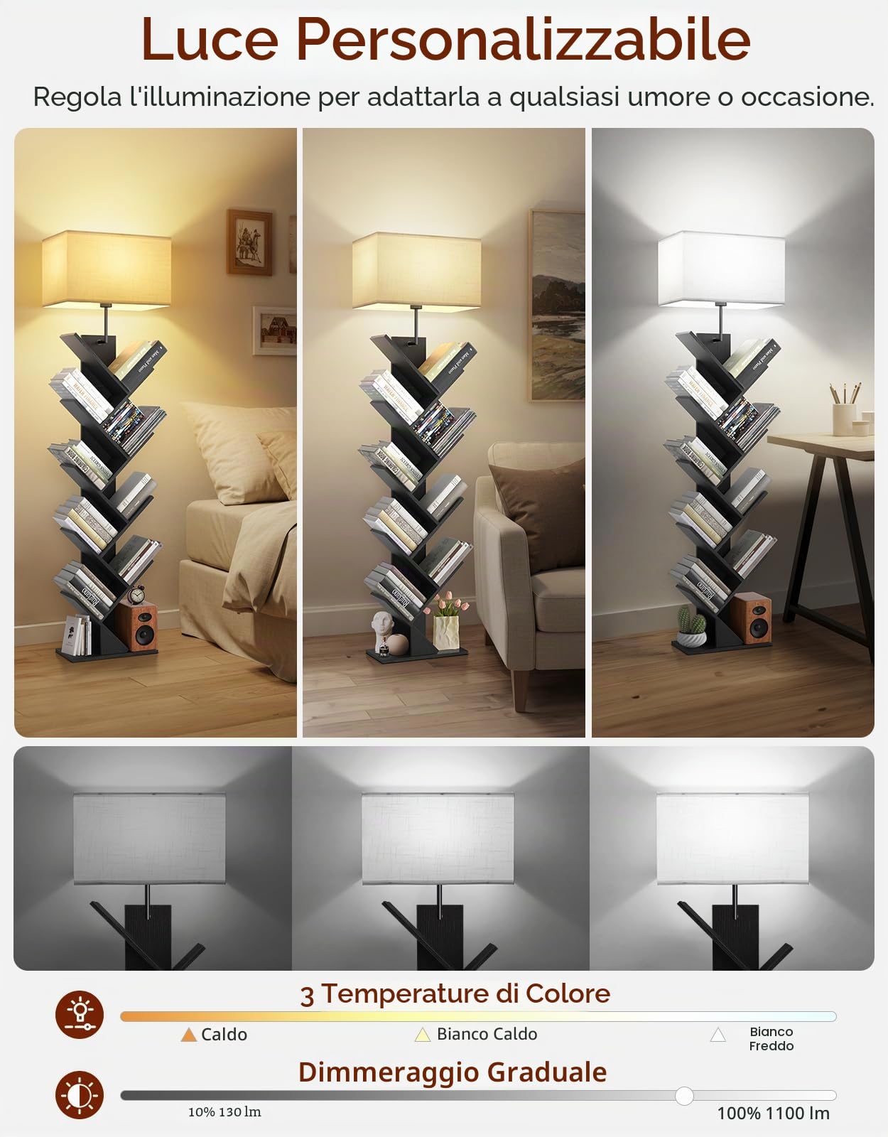 Libreria ad Albero a 9 Ripiani con Luce, Telecomando e Timer – Scaffale Salvaspazio Verticale in Legno, Piccola Libreria per Libri, CD, per Cameretta, Soggiorno, Ufficio