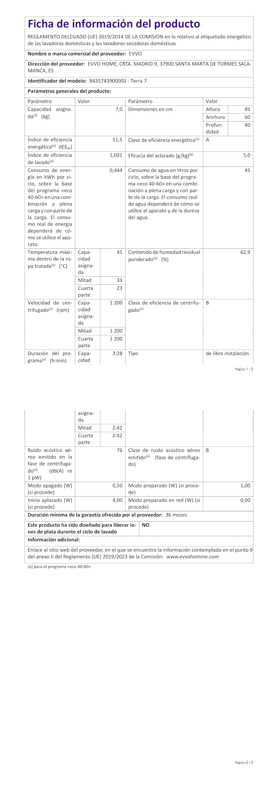 Machine à laver EVVO Terra (7 kg)
