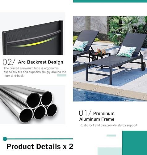 Miniatura 6 de SUNLEI Juego de 2 sillas de descanso para exteriores, tumbona para patio al aire libre con respaldo ajustable de 5 posiciones, sillas reclinables