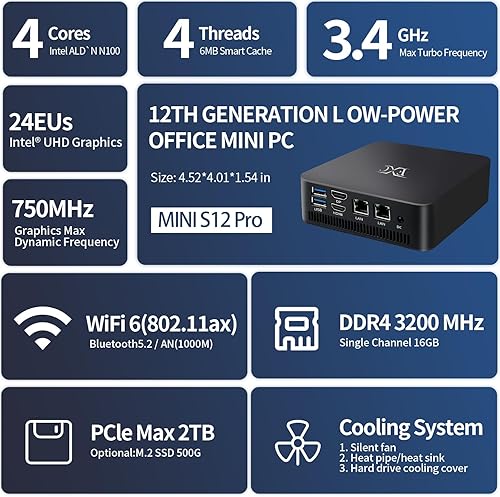 Miniatura 4 de Mini PC para juegos de doble LAN Intel 12 generación Alder Lake - N100(hasta 3.4 GHz) Micro computadora, 16 GB DDR4 RAM 512 GB SSD Mini escritorio