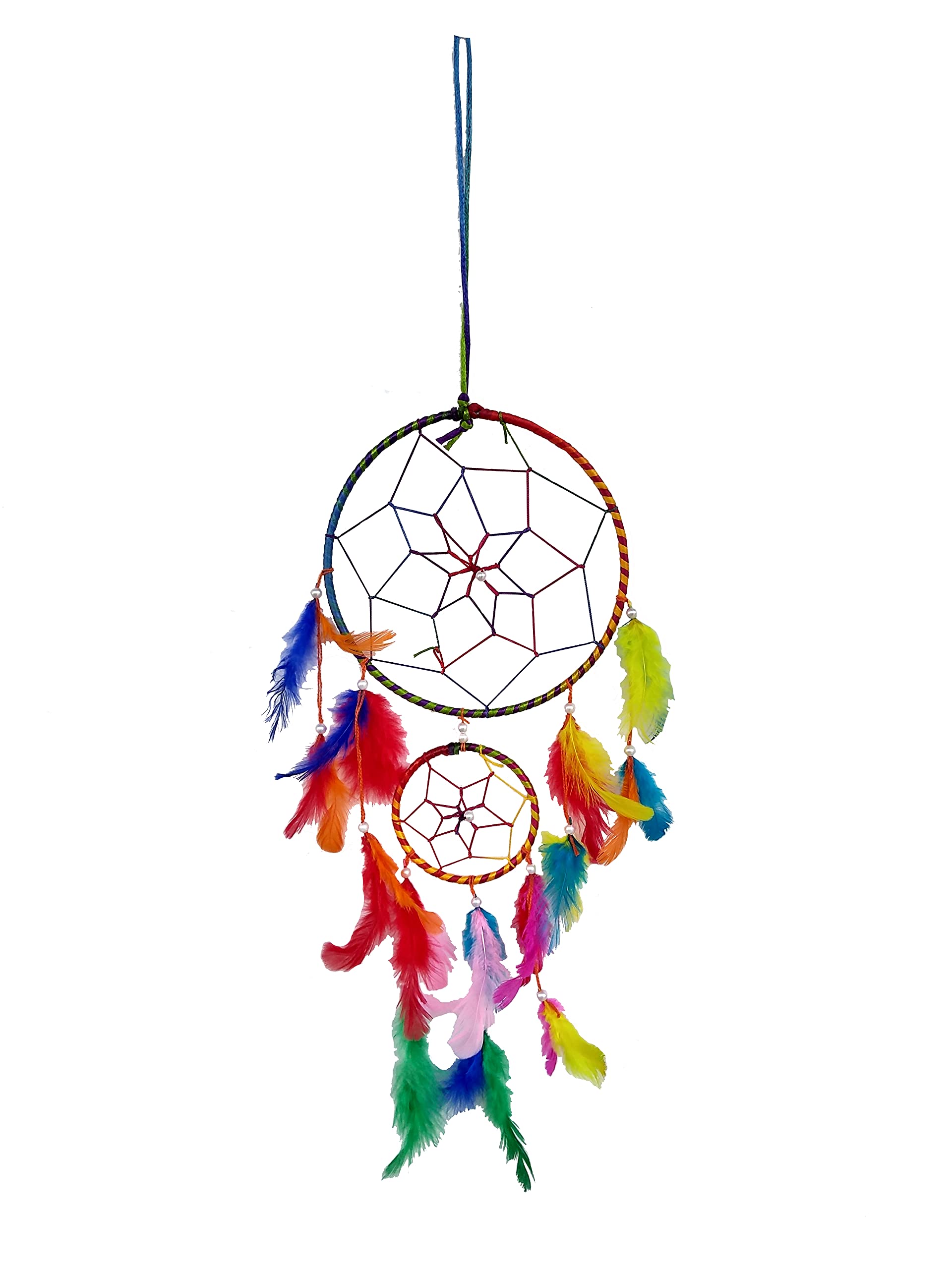 FIKIMOS Dream Catchers Wall Decor, Handmade Feather Bedroom Home Car Decor Nursery Room Hanging Decoration (Multicolor Two Ring)