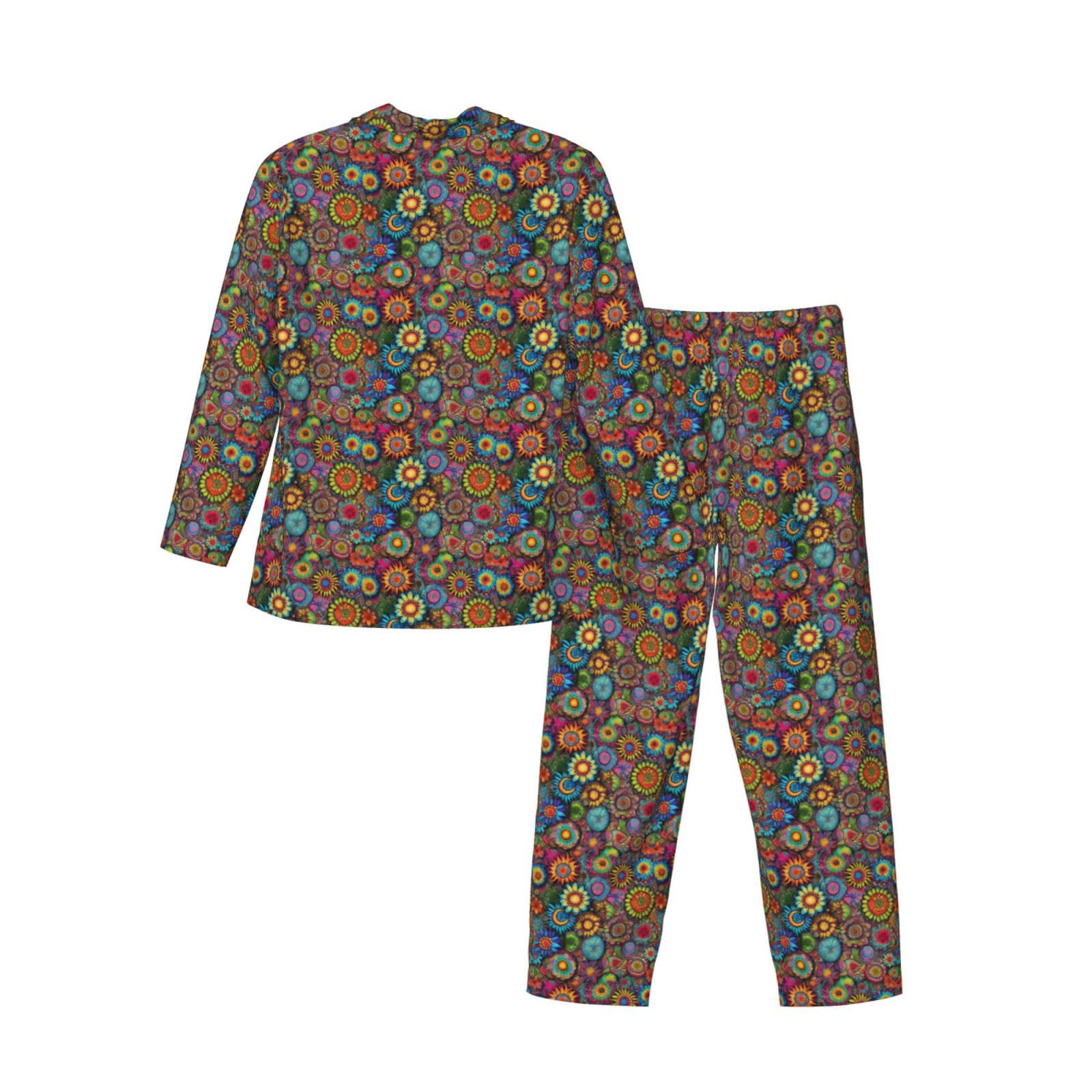Herren-Pyjama-Set, langärmelig, Hippie-Muster, zweiteilig, Hauskleidung, bequeme Nachtwäsche
