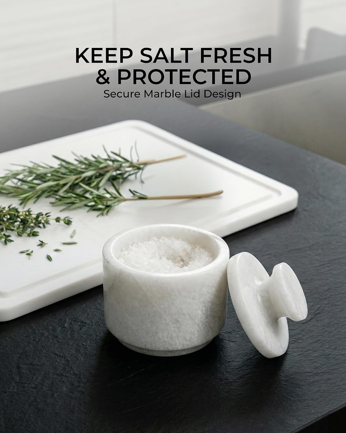 Natural Marble Salt Cellar With Lid - Stone Salt Container And Stone Salt Holder, Spice Jars for Counter, Candy Jar & Spice Jar, White