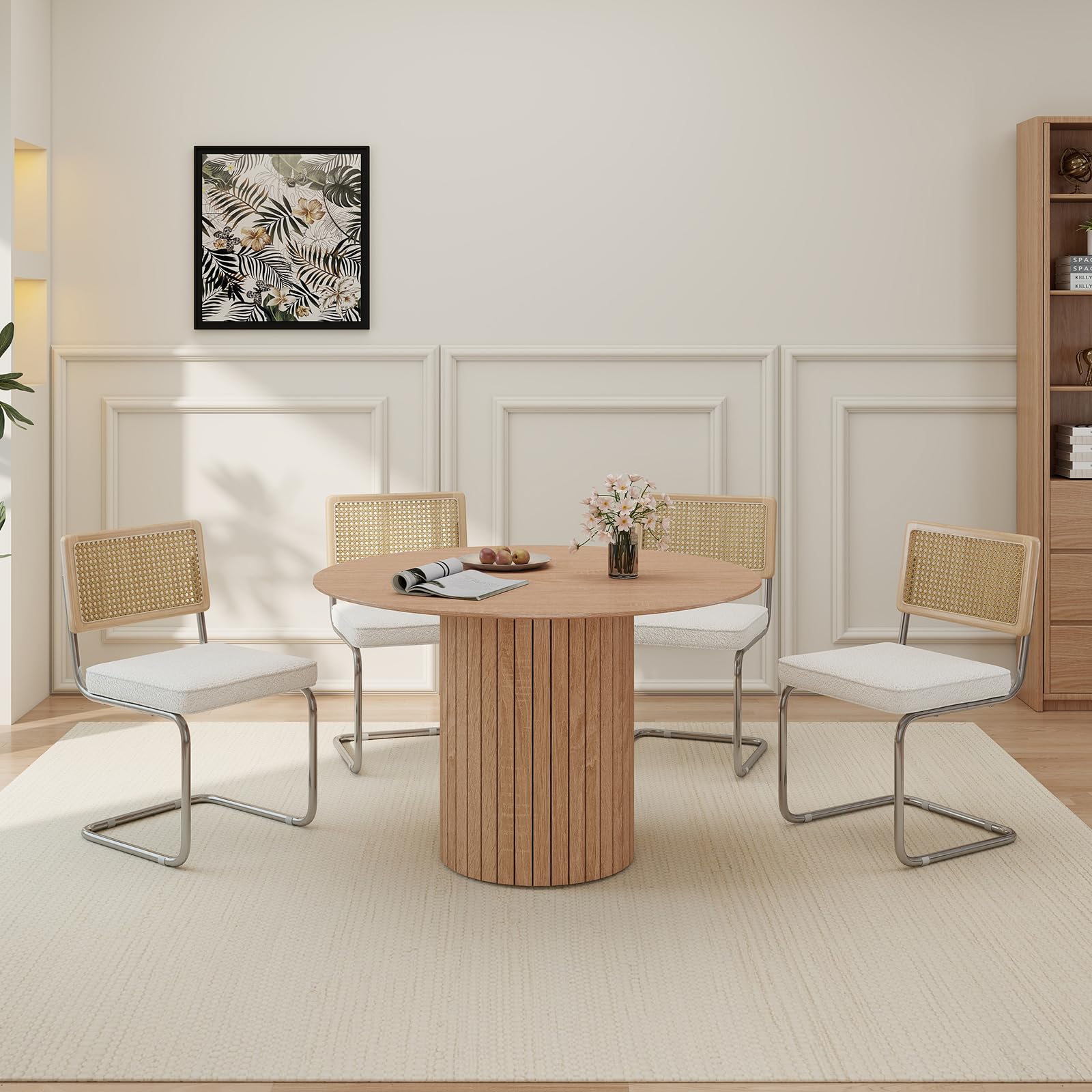 GrandCA HOME Set di 4 Sedie da Pranzo con Schienale in Canna Naturale e Base in Acciaio Cromato, Sedie da Cucina Imbottite in Rattan,Bianco