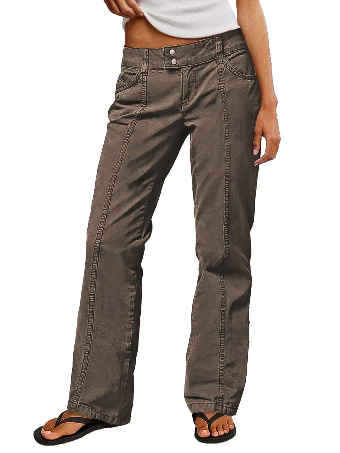 Flamingals Straight Leg Cargo Pants for Women Mid Rise Stretchy Seam Front Business Casual Dress Pants