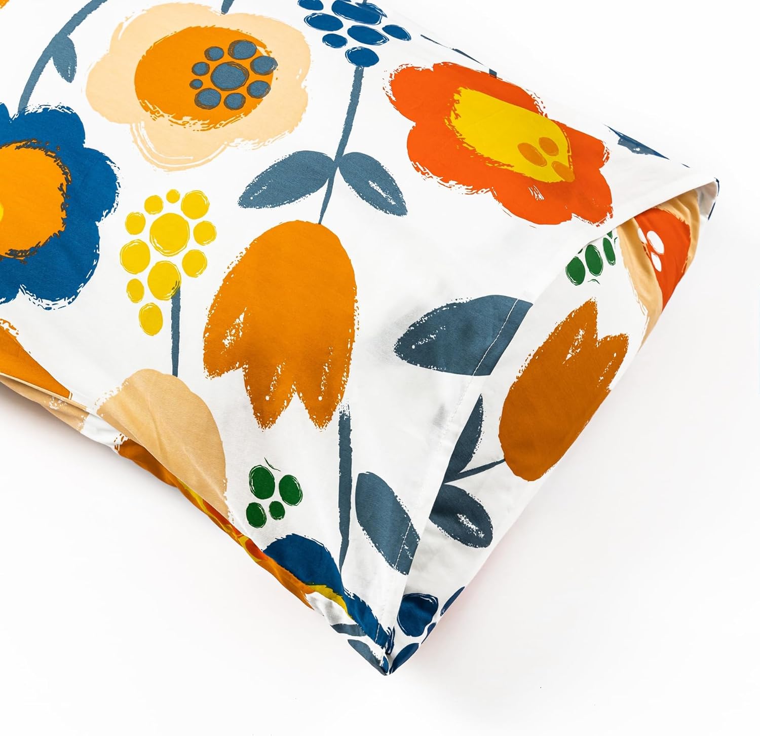 SUSYBAO Cute Botanical Duvet Cover King 100% Cotton 3 Pcs Set 1 Colorful Flower Duvet Cover with Zipper Ties 2 Pillowcases Cartoon Watercolor Blue Orange Floral Bedding Set Soft - Image 6