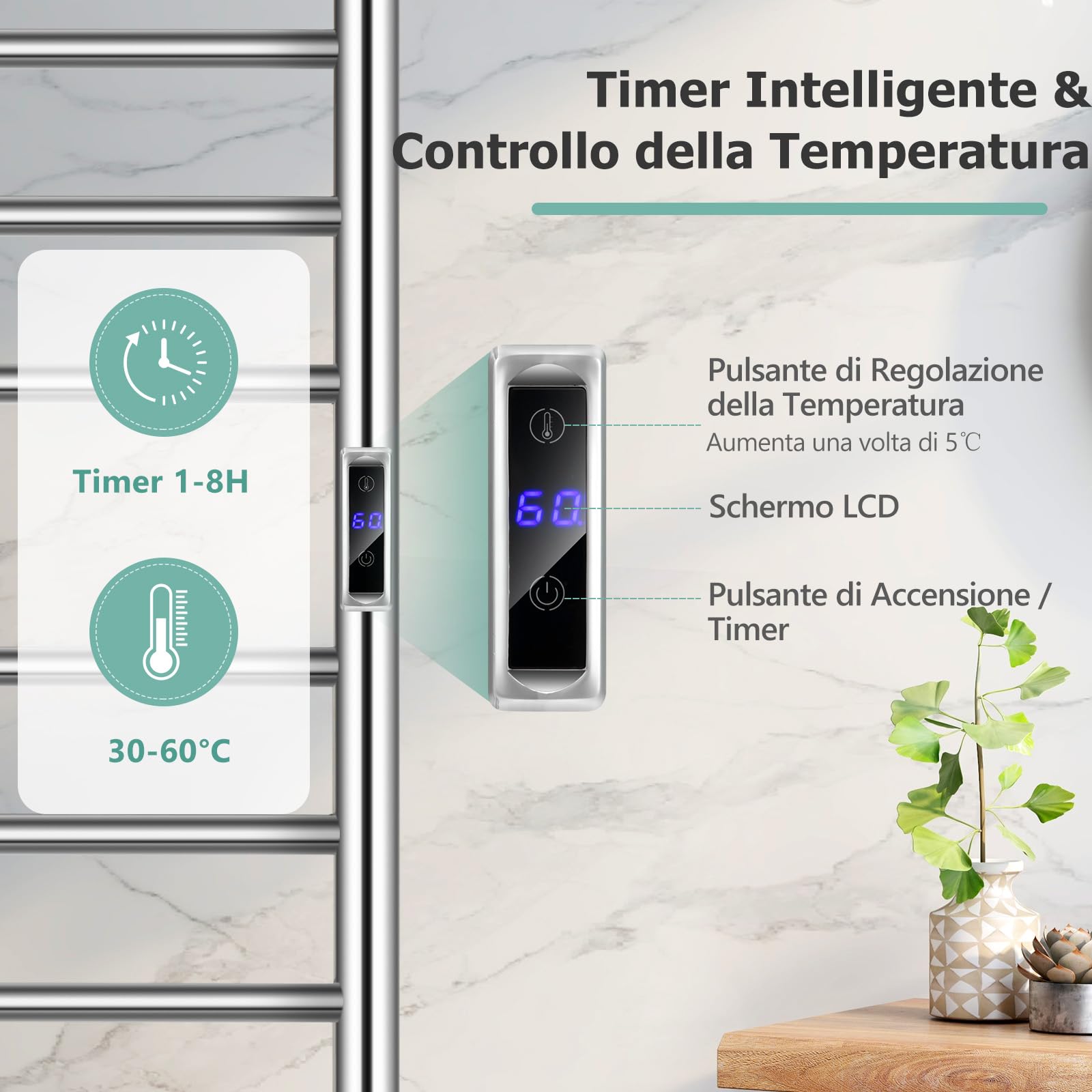 GYMAX Scaldasalviette Elettrico a Parete, Porta Asciugamani in Acciaio Inox, Riscalda 30-60 °C, Timer, Include Accessori a Parete, 53 x 11 x 86 cm