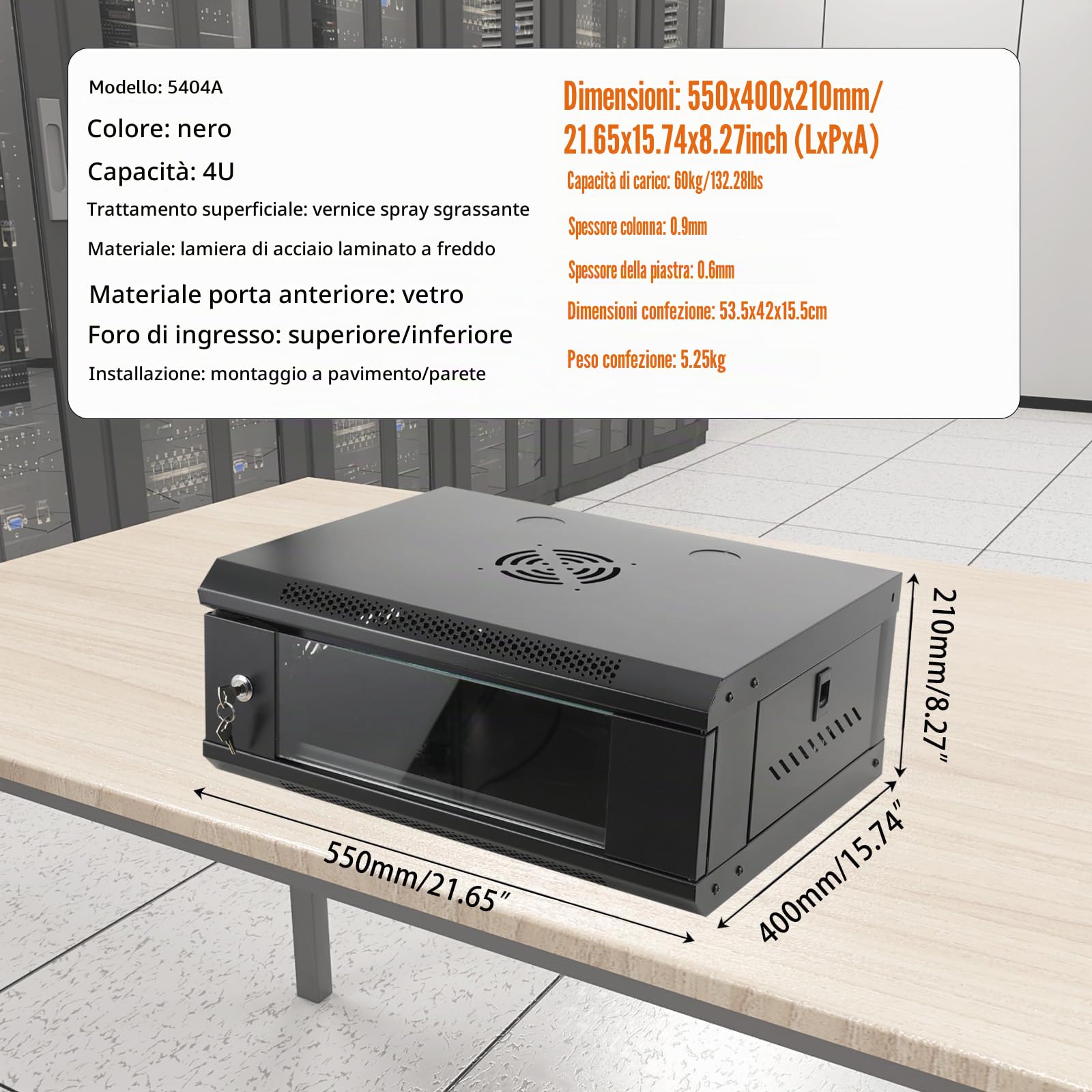 4U Armadio di Rete con Porta in Vetro, Armadio Server in Acciaio e Vetro, Serratura Sicura, Supporto 60kg, Per Sala Controllo, Data Center, TV e Ufficio