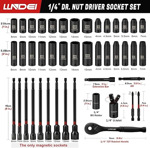 Miniatura 3 de LLNDEI Juego de llaves de vaso de 14 de pulgada y juego de destornilladores de tuercas magnéticos, 44 piezas, enchufes de 14 pulgadas métricas