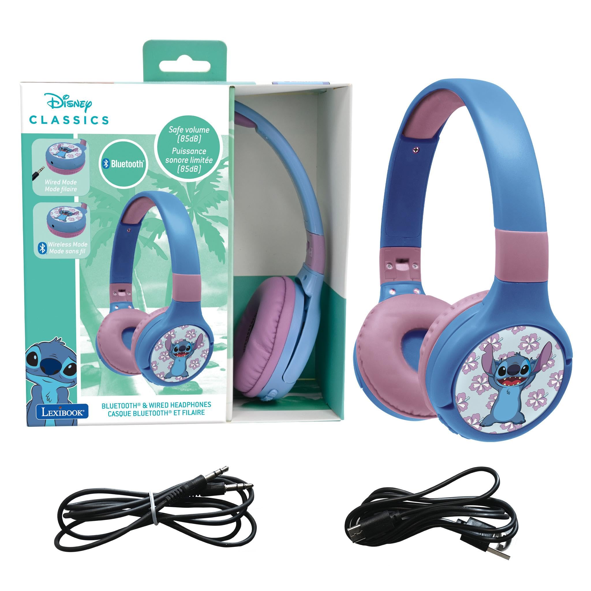 LEXIBOOK - Disney Stitch - 2-in-1 Bluetooth & Wired Headphones with microphone and control button, Foldable and Ajustable, Long lasting rechargeable battery, HPBT010DLXB