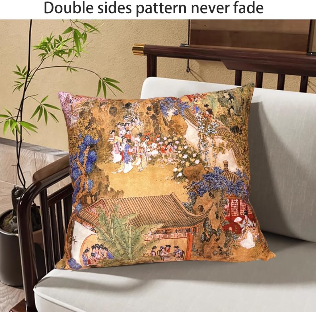 2 Pack 18x18 Inch Chinese Palace Garden Pillow Cases, Traditional Court Life & Scenery Print Decorative Throw Pillow Covers for Home Sofa Bedroom Car