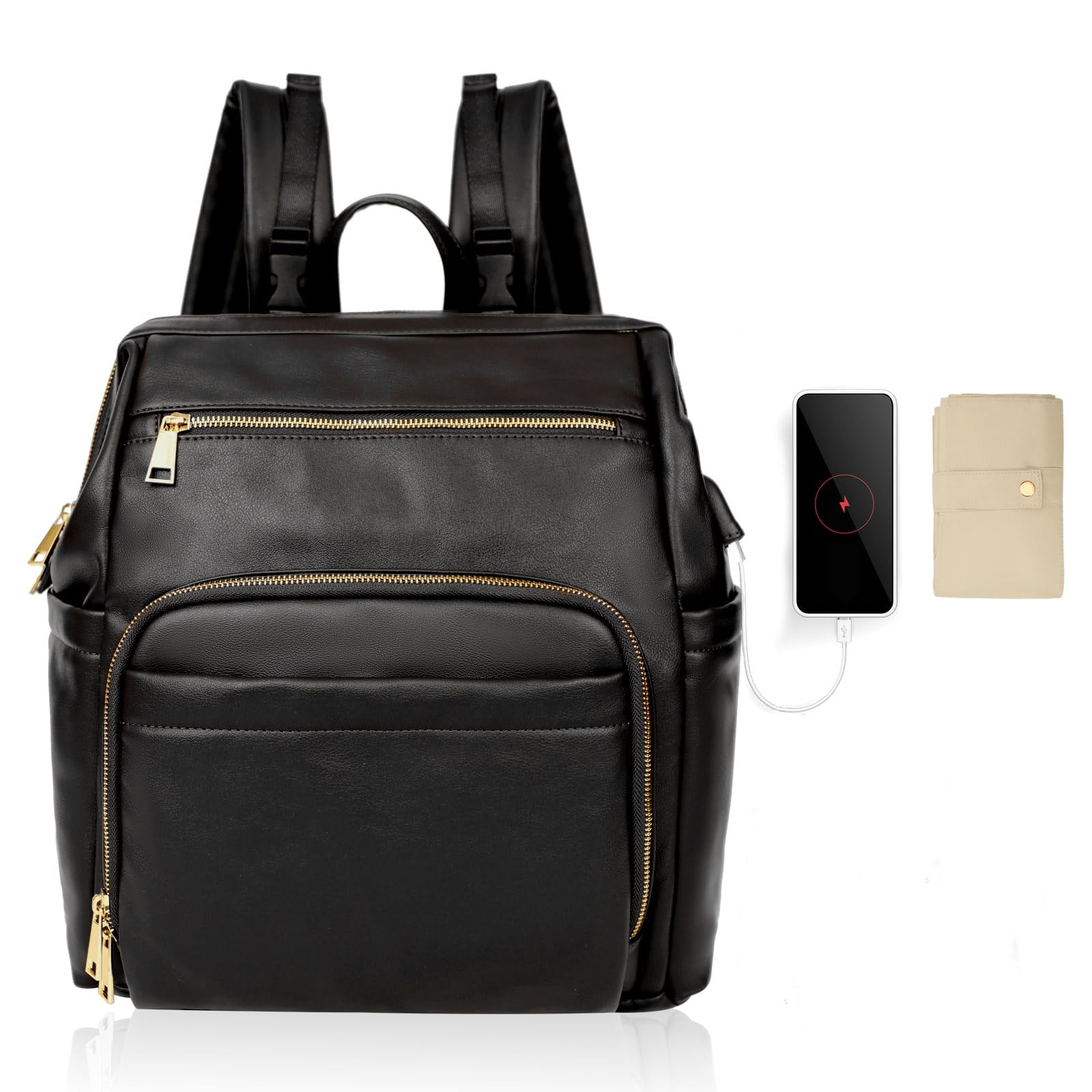 MISS FONG Wickelrucksack Wickeltasche Große, Baby Rucksack Wickelrucksack Leder Lässig Babytasche Kapazität Mit 18 Wickeltasche Organizer, Wickelunterlage für Mama & Papa-Schwarz