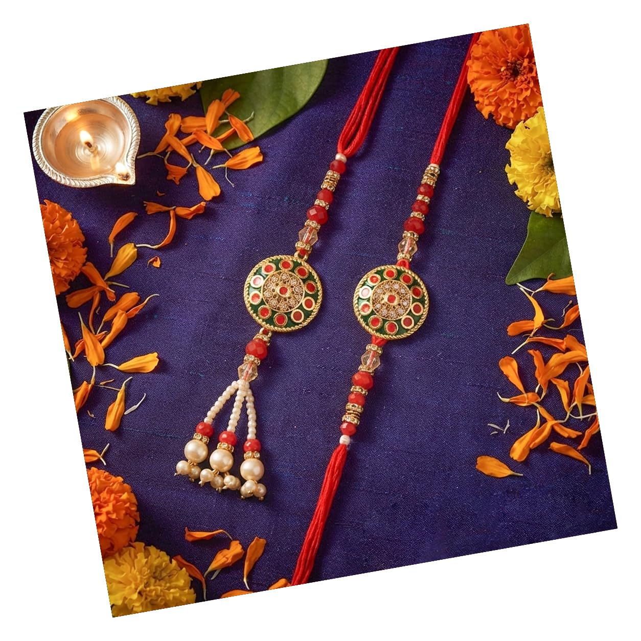 tied ribbons Rakhi for Brother and Bhabhi - Designer Couple Rakhi's Set of 2 with Roli Chawal Tikka - Hanging Lumba Rakhi for Bhaiya Bhabhi - for Rakshabandhan-picture-6
