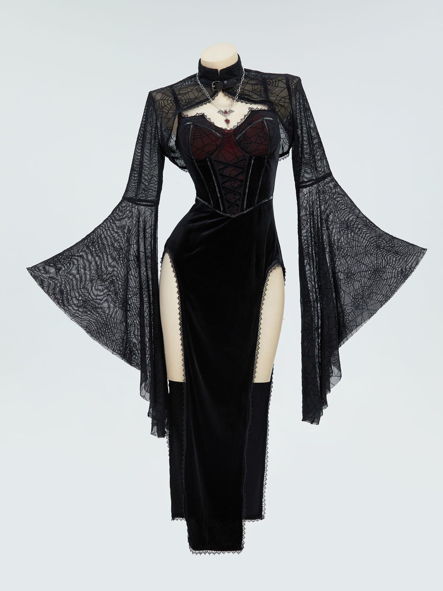 MEOWCOS Halloween Costume Bodycon Dress Gothic Vampire Slit Dress and Spiderweb Flare Sleeve Cloak with Necklace: Black Medium