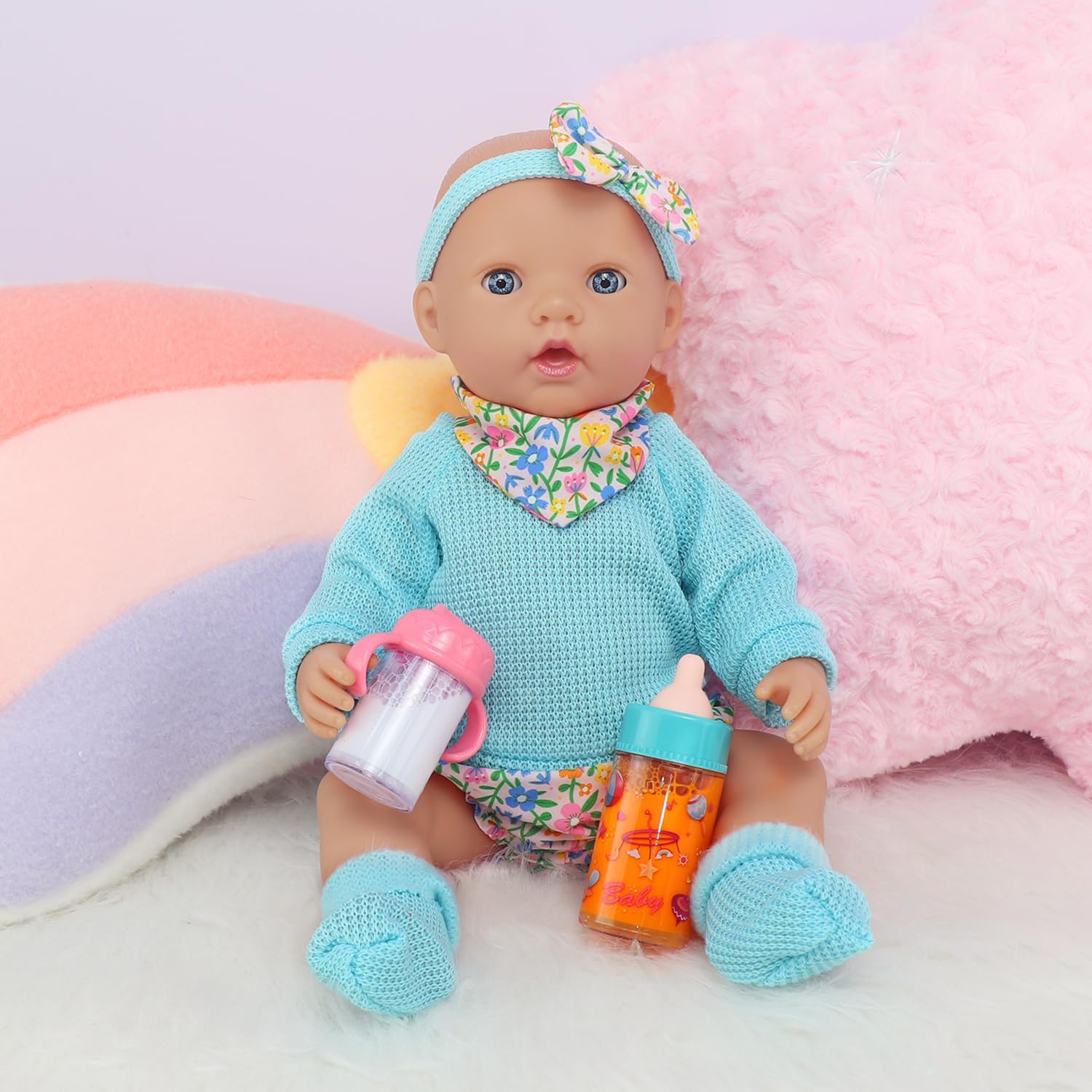 UNICORN ELEMENT 8 Pcs Baby Doll Clothes and Accessories for 14-18 inch Dolls, Doll Feeding and Caring Playset, Magic Babys Feeding Bottle (Dolls Not Included)