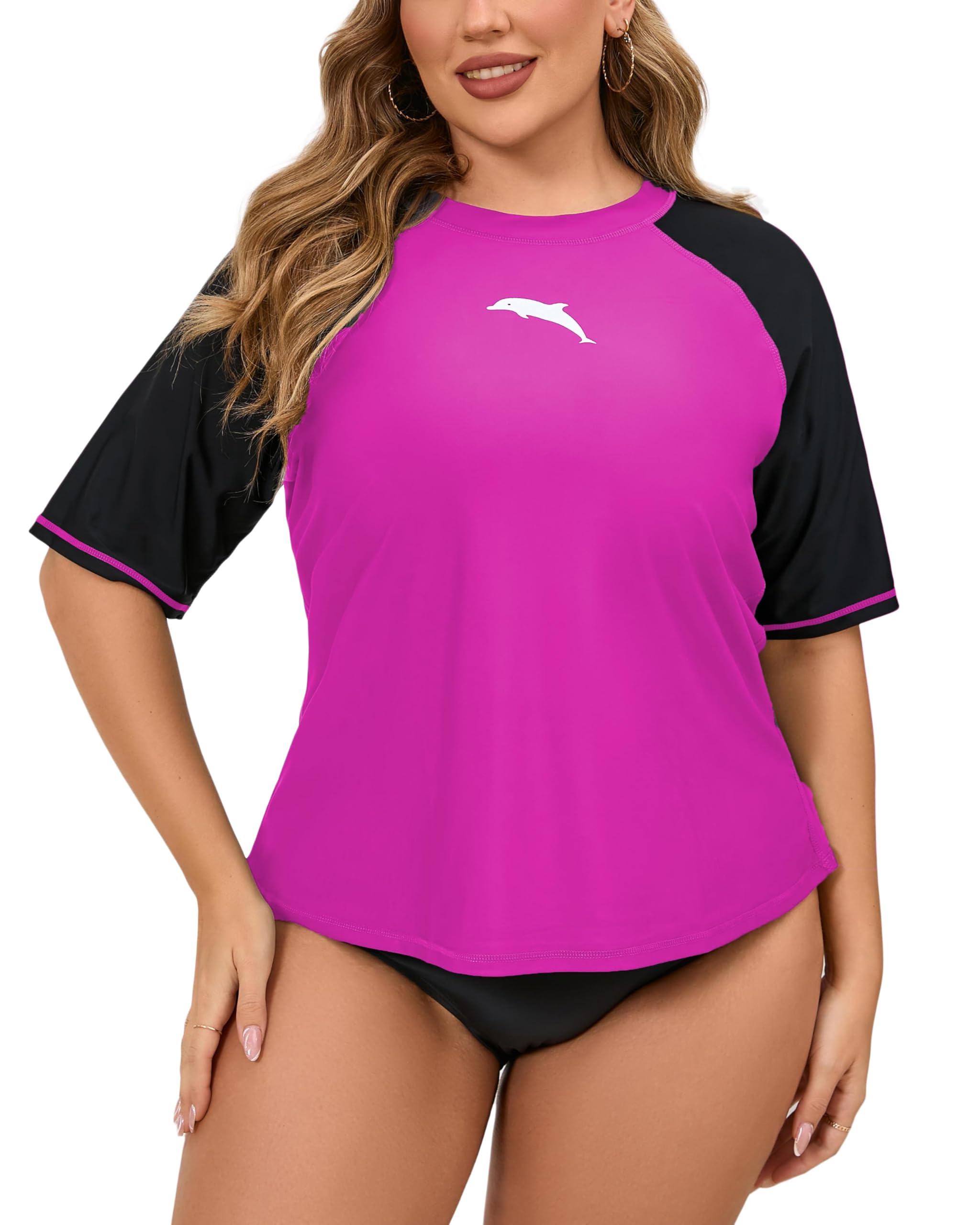 Halcurt Women's Plus Size Rash Guard Short Sleeve Swim Shirts Loose Fit UPF50+ Sun Protection Swimsuit Top Only