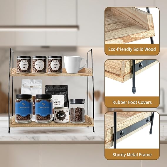 Coffee Station Organizer, 2 Tier Kitchen Counter Shelf Wooden Coffee Bar Accessories Storage Kitchen Spice Rack