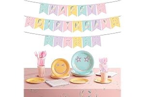 Kigley - 175Pcs Preppy Birthday Decorations Smile Face Tableware, Serving 24 Guests