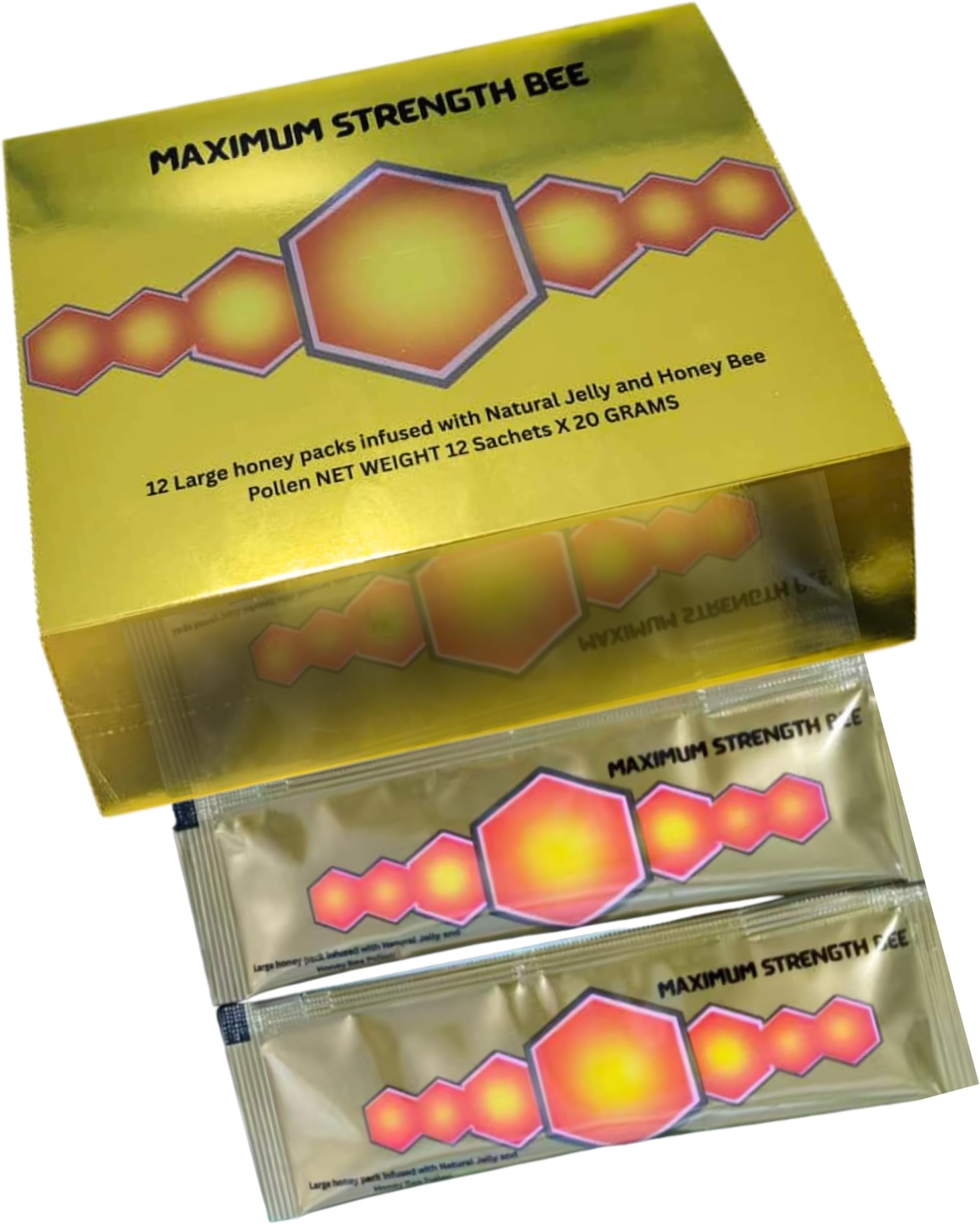 Large 12 Pack of Natural Honey Pack with Natural Jelly - Bee Pollen from Ginseng & Herbs, Full Box of 20G Honey 12 Sachets