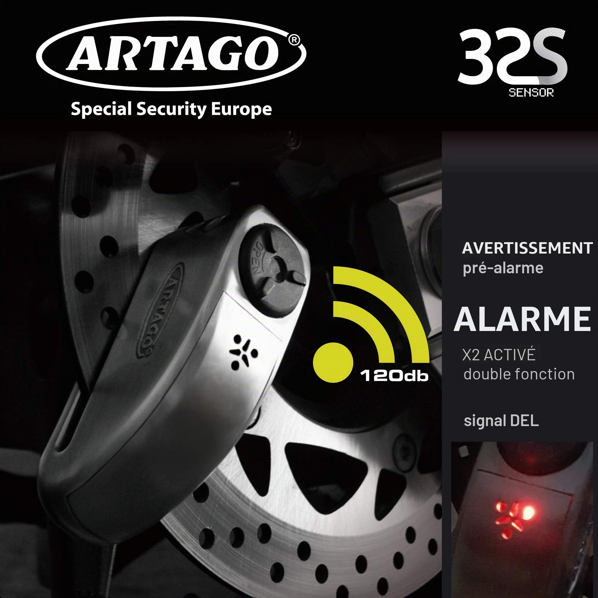 ARTAGO 32S6 Pack Antivol Bloque-Disque avec Alarme 120db Haute Sécurité + Support pour Yamaha MT-09 et Tracer 900, Homologué SRA