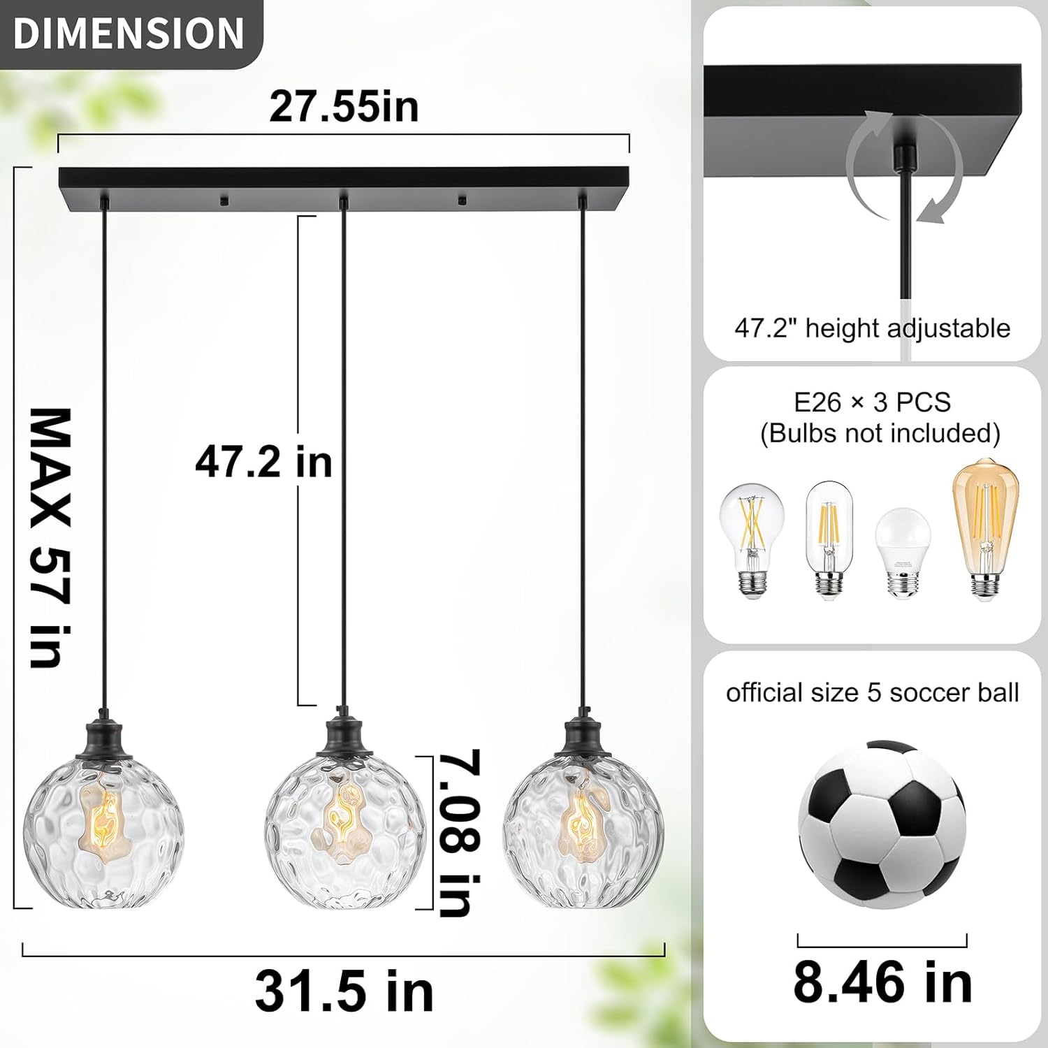 3 Light Pendant Lighting, Black Island Lights for Kitchen, 31.5" Globe Pendant Light with Clear Hammered Glass Shade, Adjustable Farmhouse Hanging Light Fixtures for Dining Room