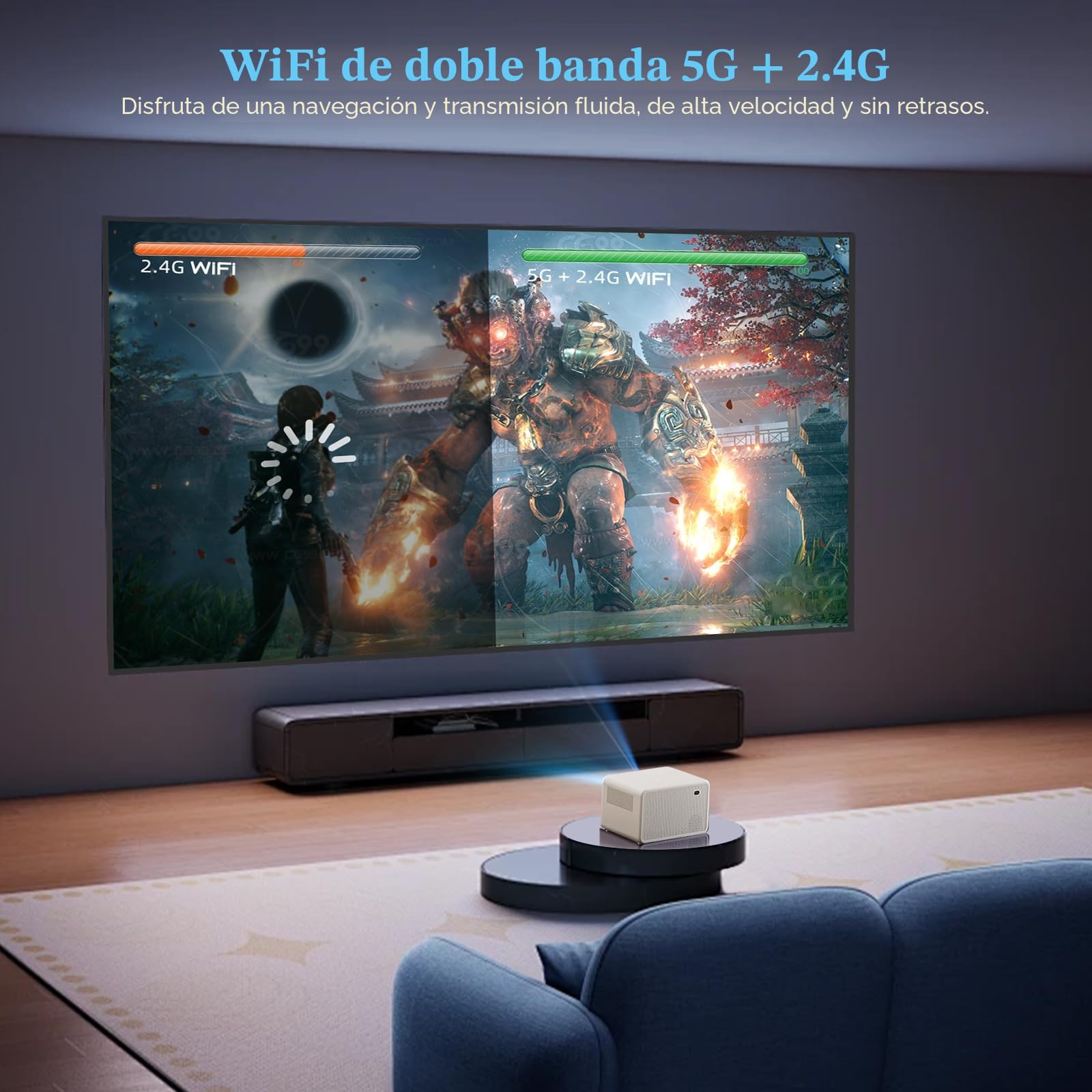 Proyector Portatil, Proyector 1080P Nativo con WiFi y Bluetooth, 16000 Lúmenes Proyectores Cine en Casa Soporte Zoom Eléctrico Enfoque para iOS y Android HDMI/USB/TV Stick/PS5/Laptop