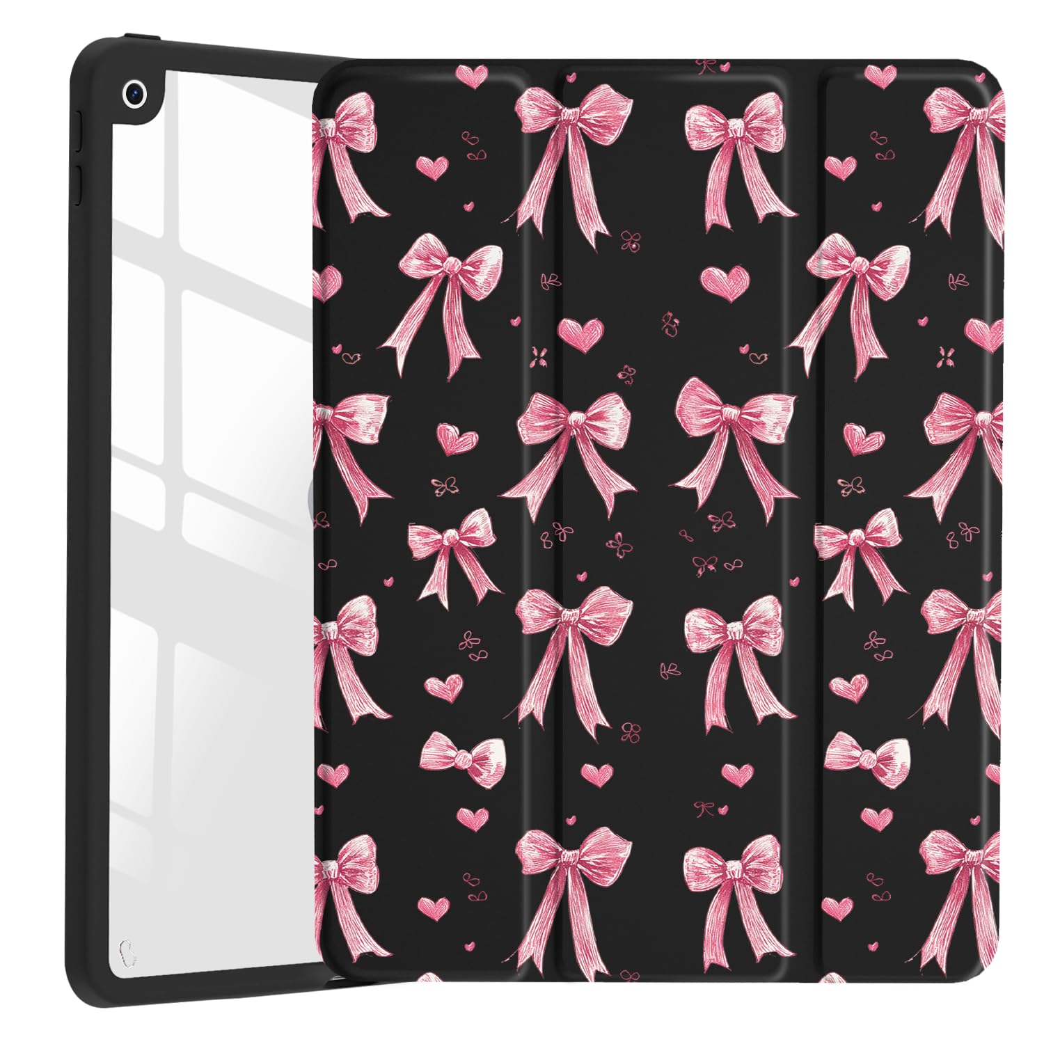 JOYLAND Cartoon Pink Bowknot Case for iPad (A16) 11th Gen 2025 11-inch/10th Gen 2022 10.9 inch, Clear Acrylic Hard Back Black Case with Pencil Holder