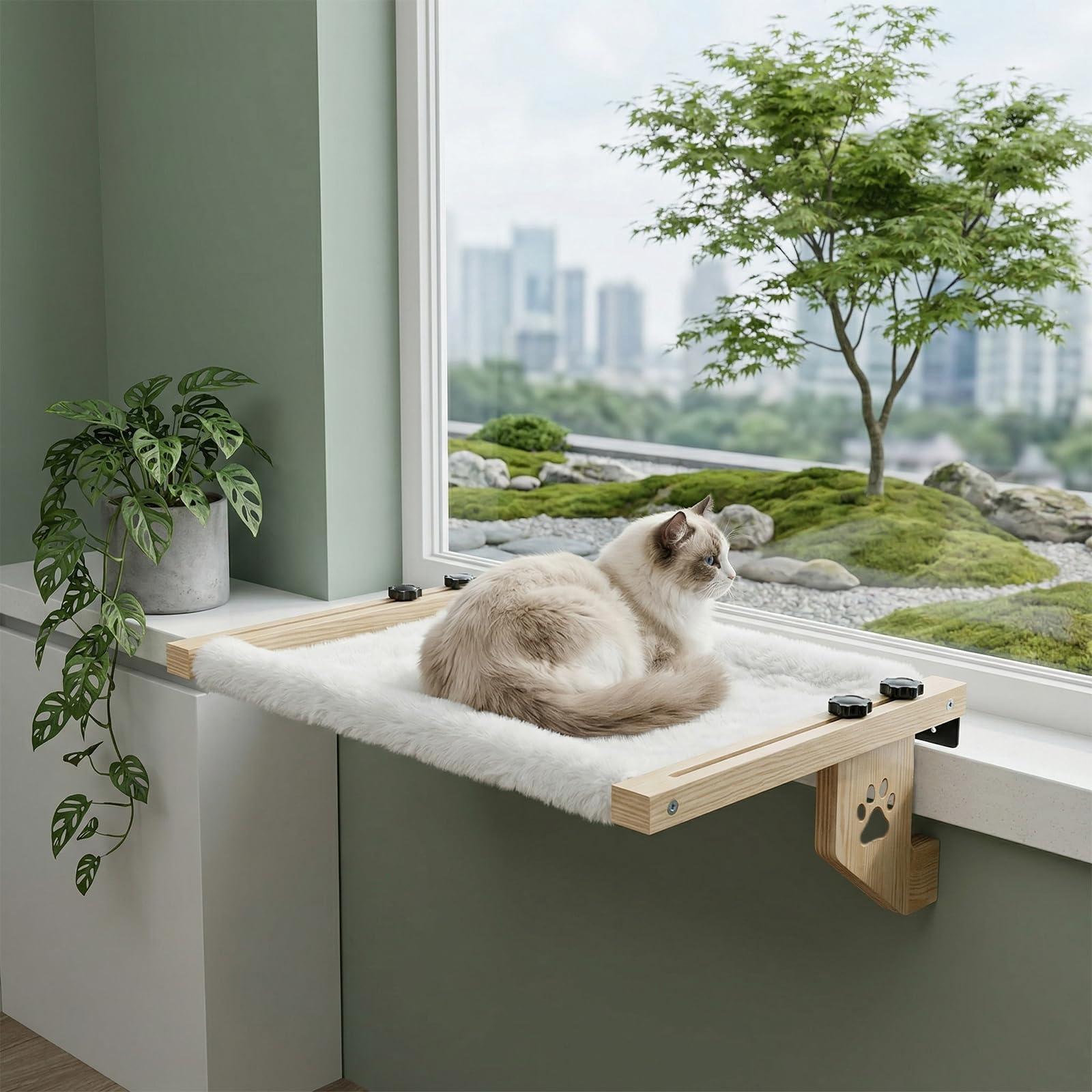 Hamac Chat Radiateur, Hamac Chat Fenetre en Bois avec Un Coussin en Peluche Lavable, Panier Fenetre sans Perçage Couchage et Mobilier