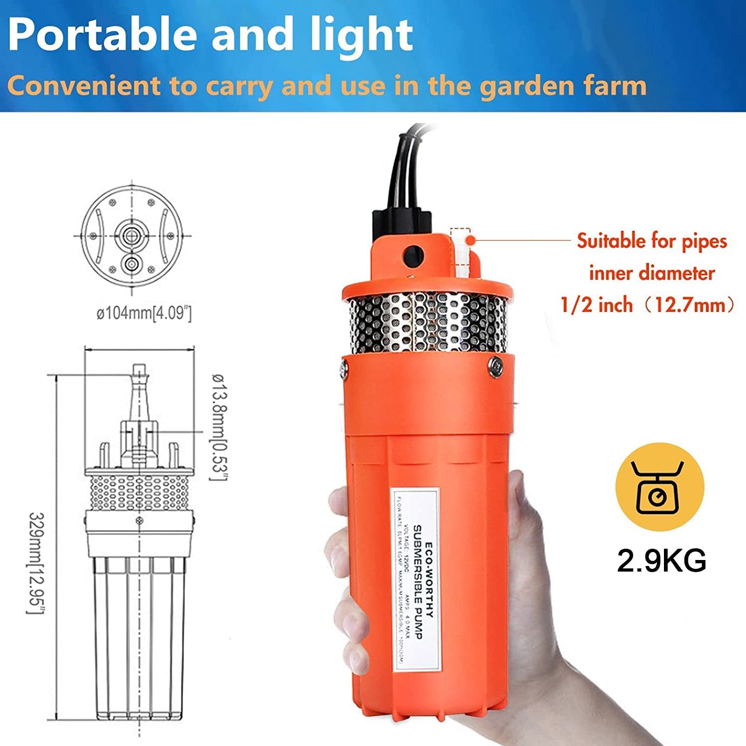DCHOUSE Pompe submersible 12V de pompe à eau à haut débit, pompe à eau solaire à haute levée, 230ft / 70m, pour la maison, la ferme, l'élevage, l'irrigation