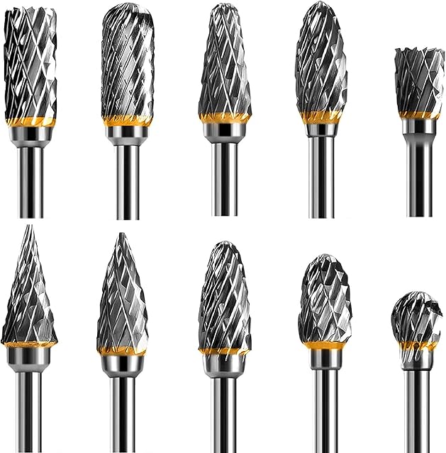 Tungsten Carbide Steel Double Cut Rotary Burrs Set for Rotary Tool, 10pcs 1/8 inches Shank Fits Rotary Tool for Grinder Drill, DIY WoodWorking Carving, Metal Polishing, Engraving, Drilling
