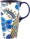 17oz Mug de voyage en céramique avec couvercle, Boho tasse à café florale avec poignée, micro-ondes & Lave-vaisselle, Grande coupe de voyage en céramique, Boîte cadeau incluse