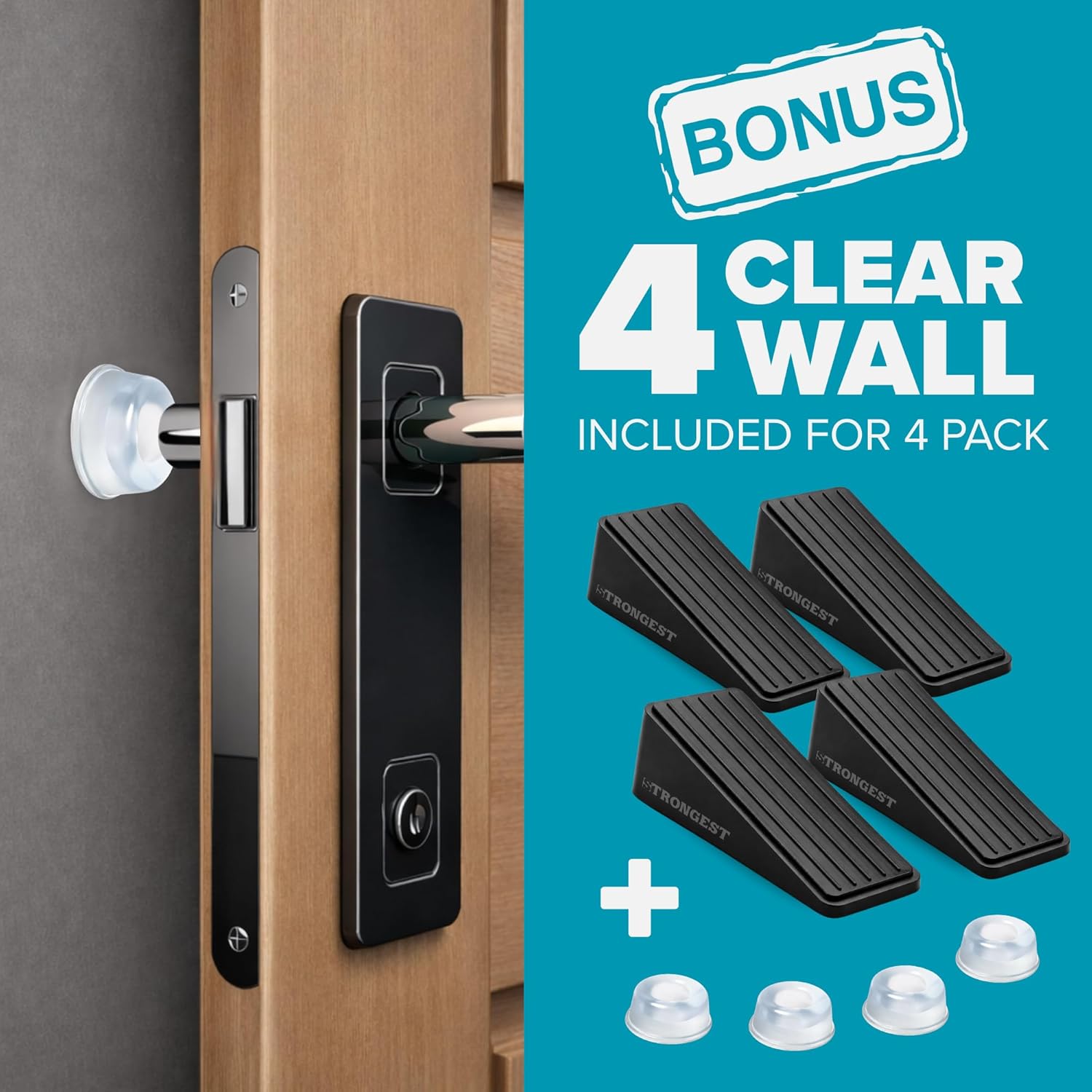 Strongest Home Heavy Duty Door Stop Wedge Made of Premium Quality Zinc and Rubber Suits Any Door, Any Floor. Set of 4 and Additional Self-Adhesive Wall Protectors