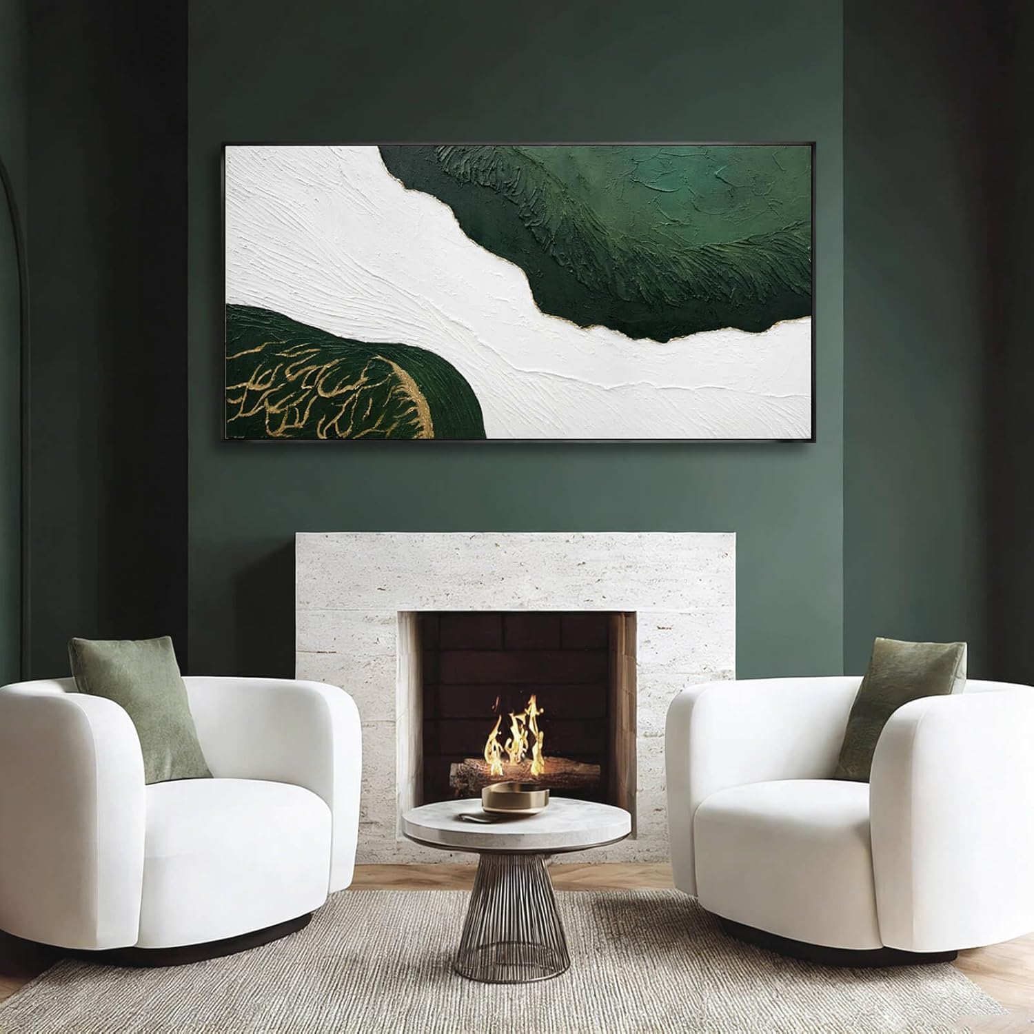 SOUGUAN Green Abstract Wall Art White Textured Minimalist Wall Decor Sage Green Gold Large Artwork Pictures Modern Canvas Prints for Living Room Hallway Fireplace Bedroom Home Office 24"x48"