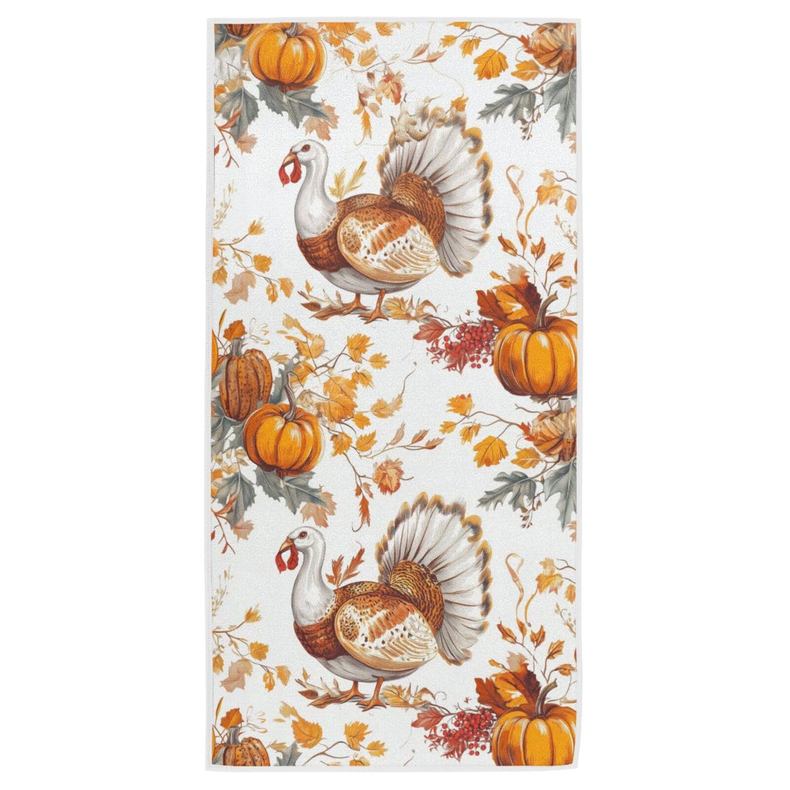 Peystean Soft Cotton Towels, Autumn Pumpkin Turkey Thanksgiving Absorbent Hand Towel Home Decor for Guest, Bathroom, Beach, Guest, Hotel, Gym and Spa(16