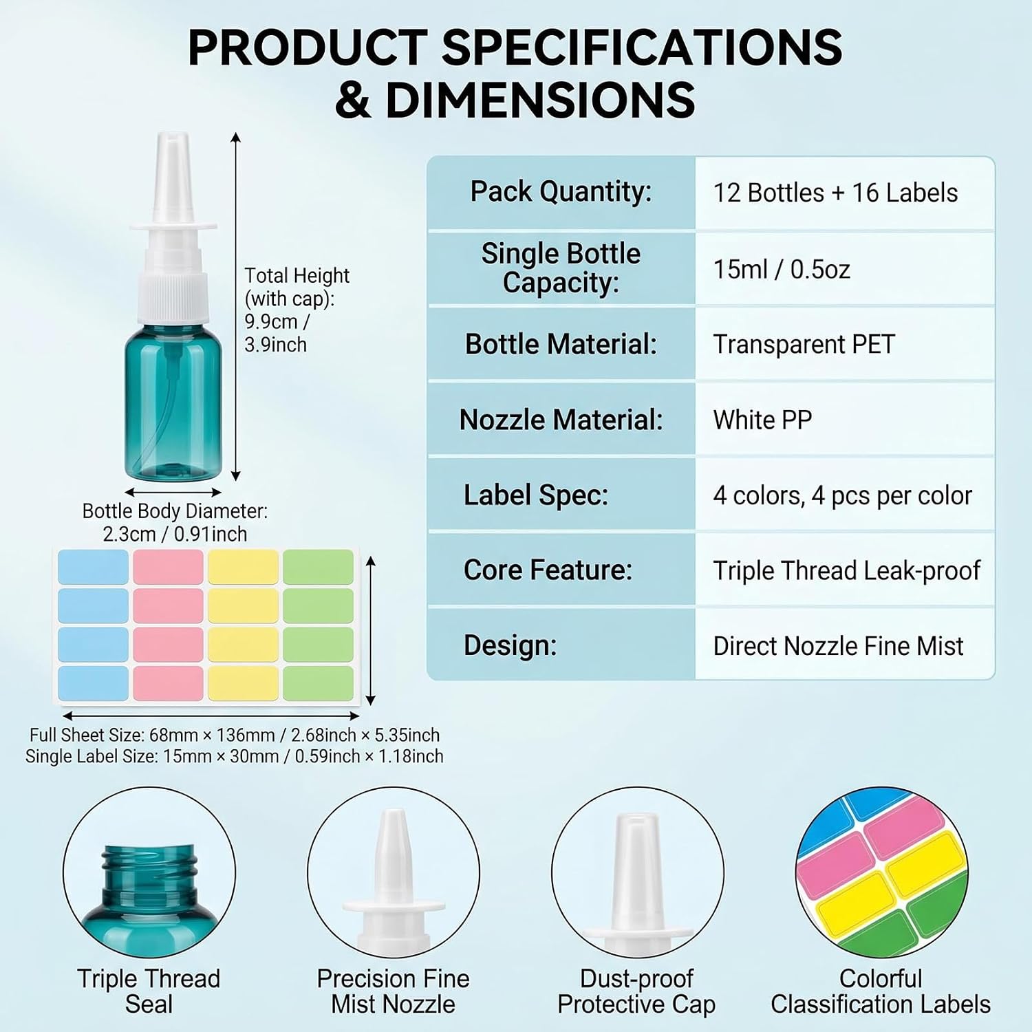 12 Pcs 15ml/0.5oz Green Empty Nasal Spray Bottles, Plastic Refillable Fine Mist Sprayers with Labels, Travel Size Containers for Cosmetics & Perfume