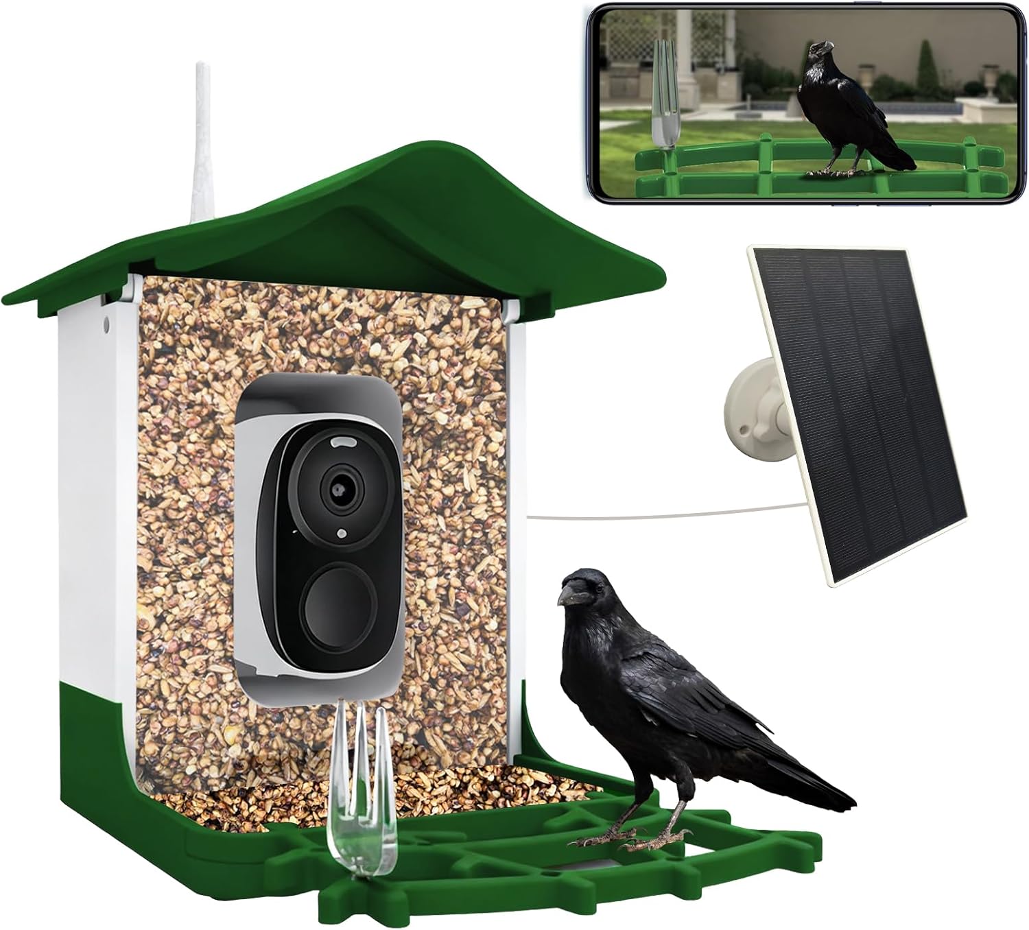 Smart Bird Feeder with Camera,2.1L-with Camera with AI Identify Birds Species & Solar Panel, 2K Live View, Chew-Proof & Waterproof Design, Real-Time App Alerts (Green)
